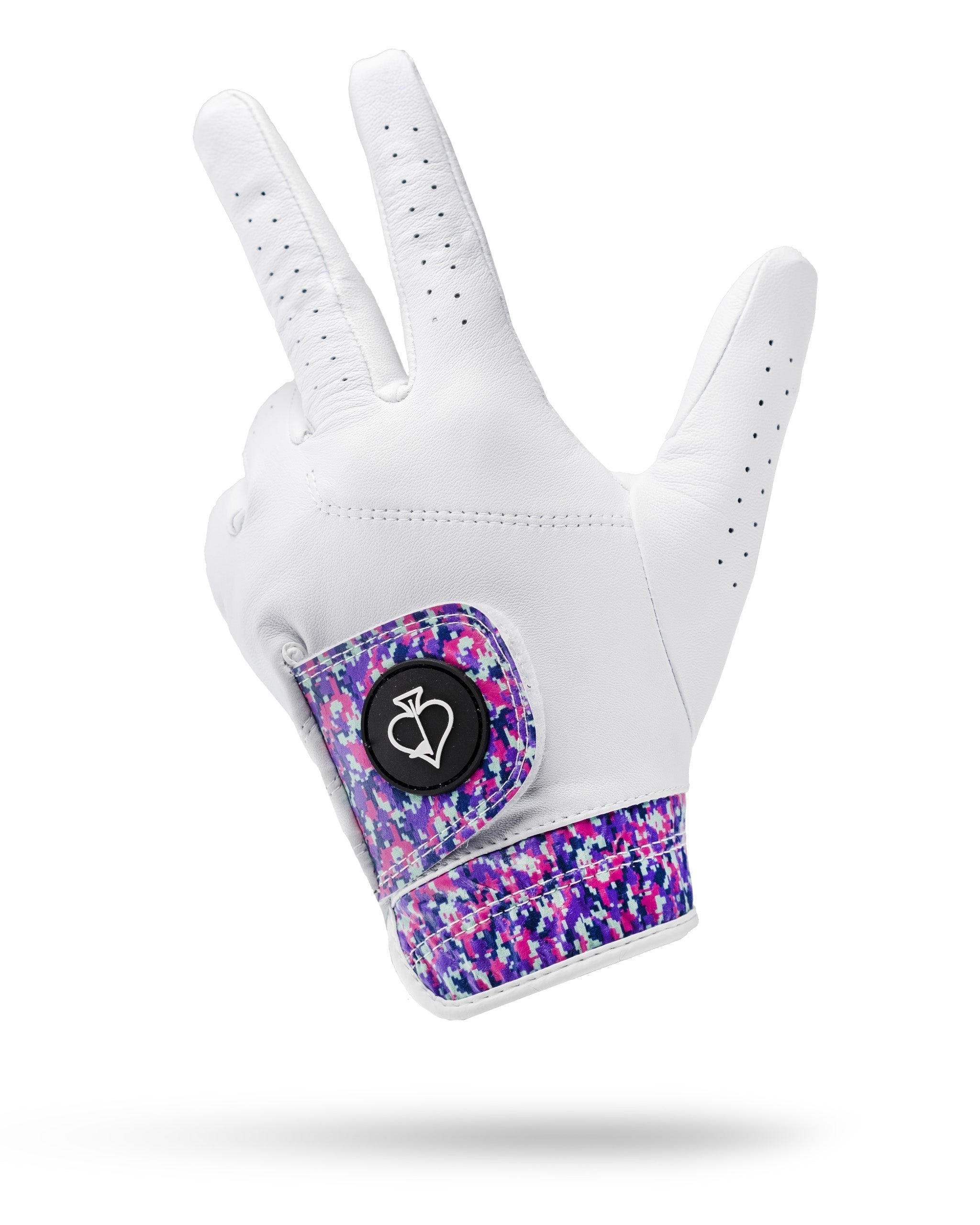 Premium Tour Glove in vivid camo features a white leather design with a colorful patterned wrist strap for golfers.