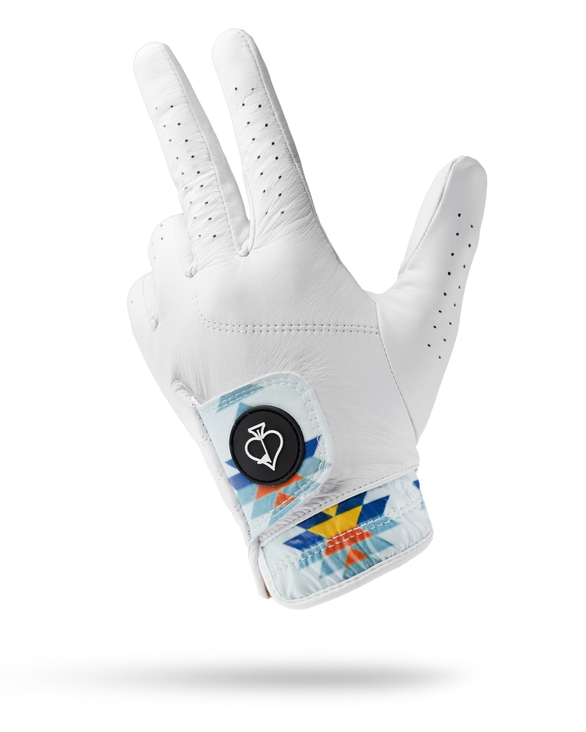 Premium Tour Glove in white leather with a colorful Southwest sunset design on the cuff, ideal for stylish golfers.