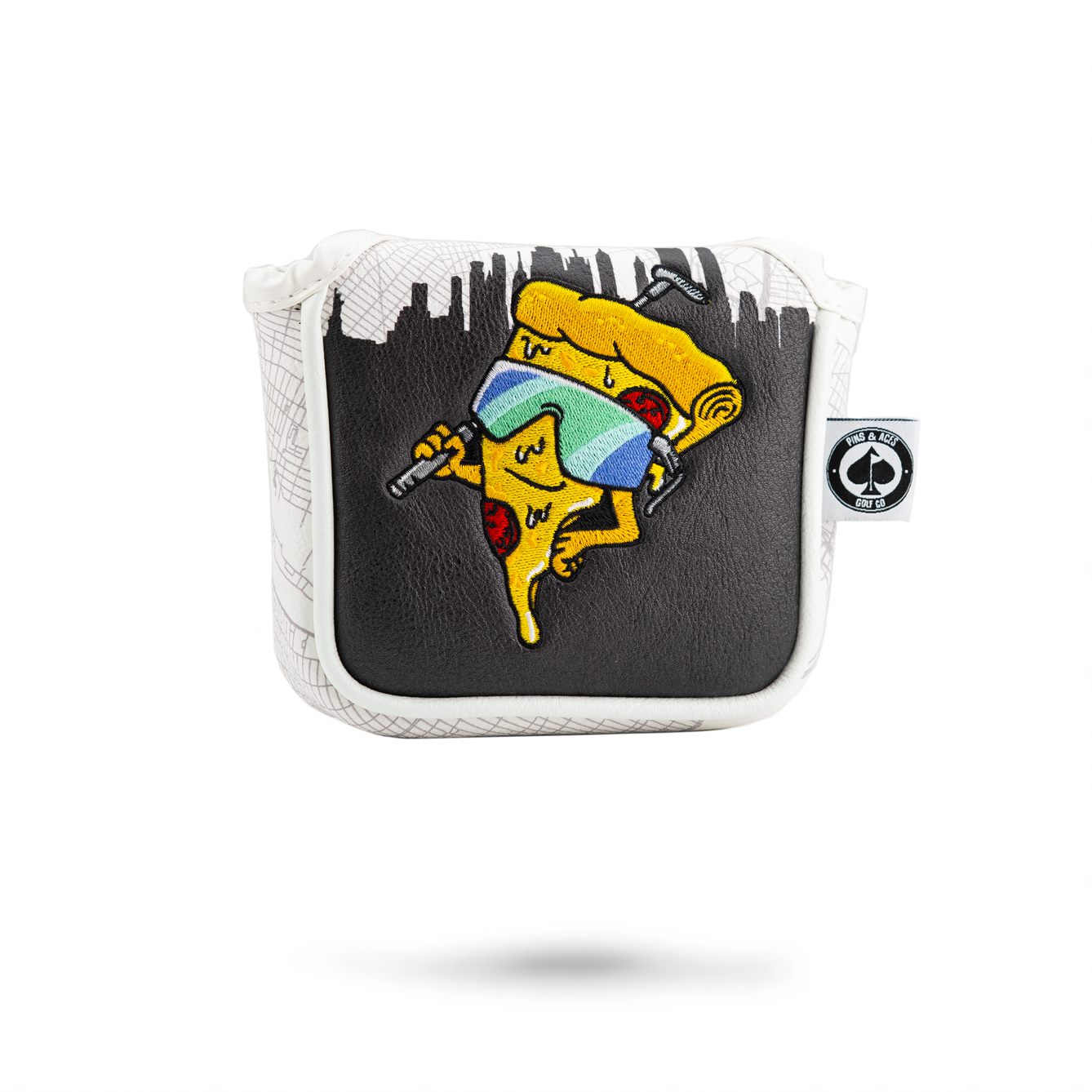 Bold mallet putter cover featuring a playful pizza design with sunglasses, perfect for golfers wanting to stand out.