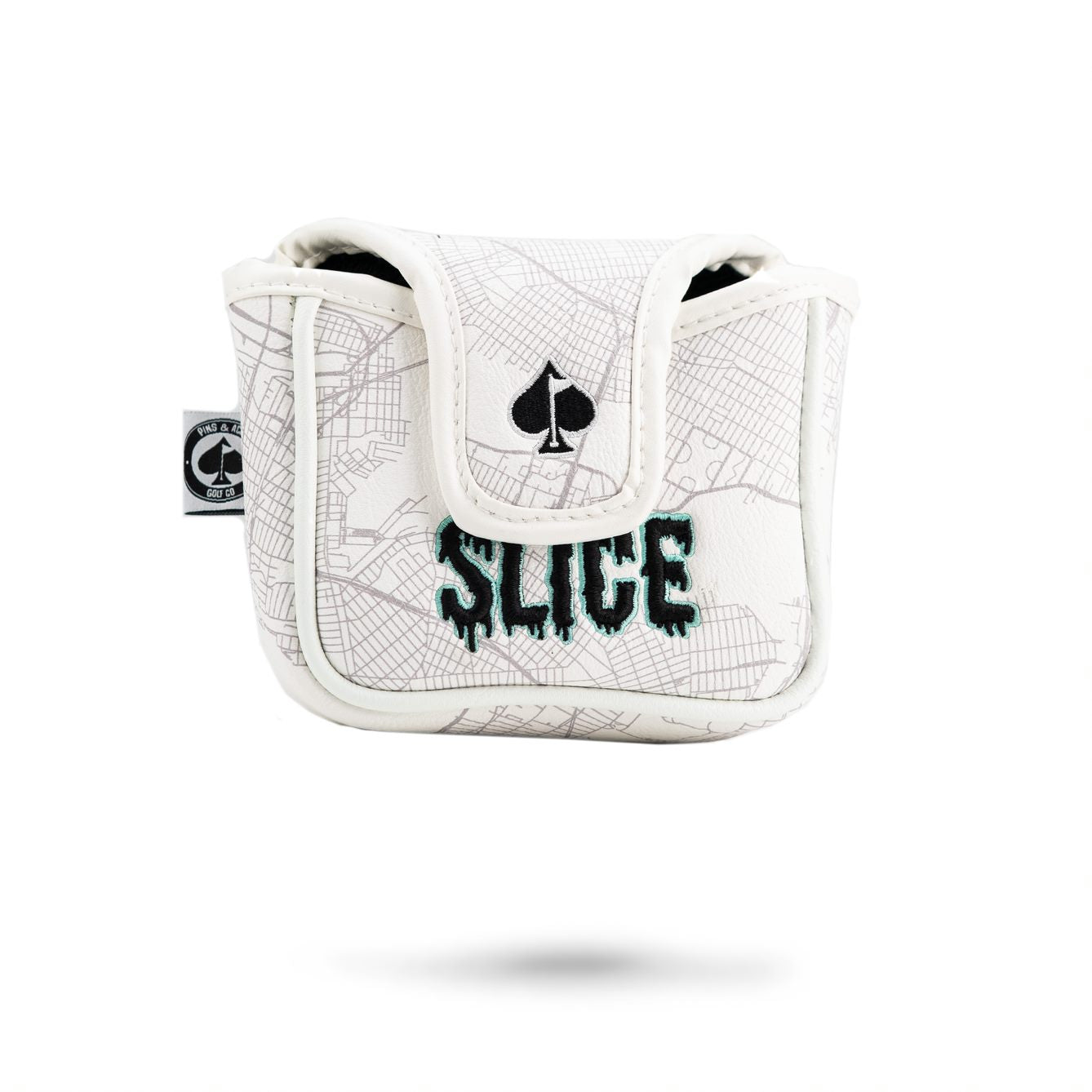 White mallet putter cover featuring a map design and bold "SLICE" embroidery, perfect for golfers seeking unique style.