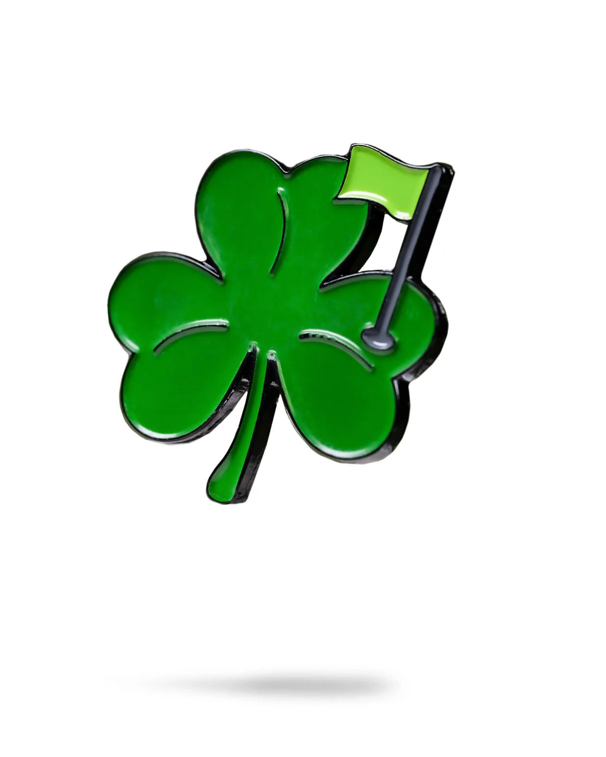 Green shamrock ball marker featuring a small golf flag, perfect for adding a touch of luck to your golf game.