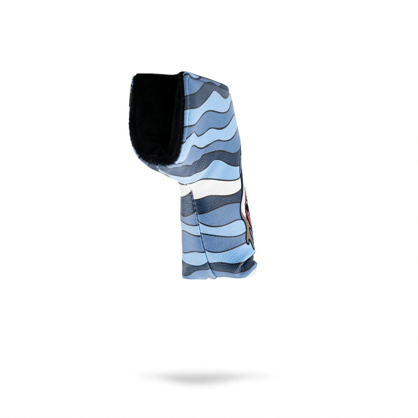 Shark Attack Blade Putter Cover featuring a blue wave design and a shark graphic, perfect for bold golfers.