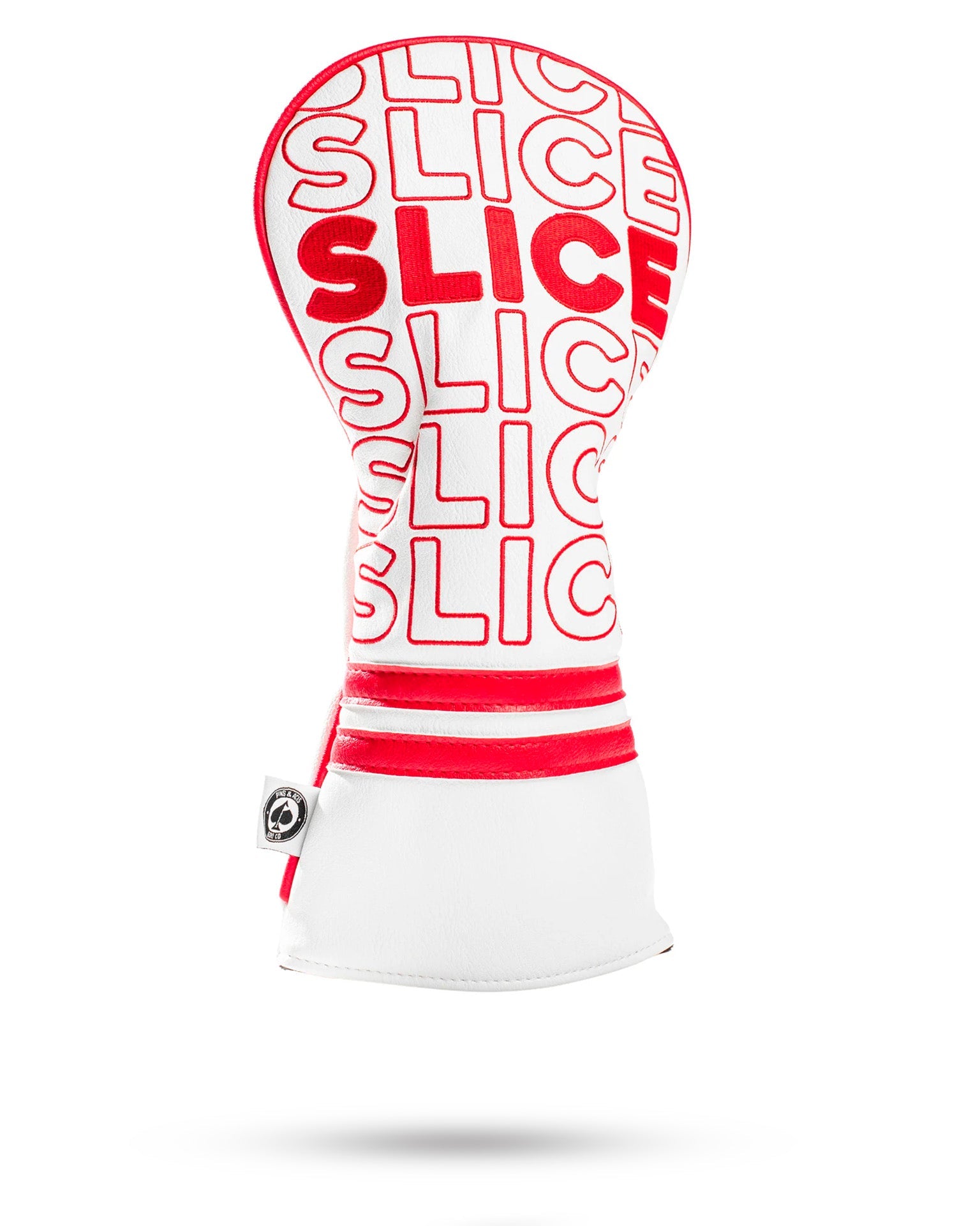 Bold red and white driver cover featuring the word "SLICE" in a repeated pattern, designed for golfers seeking unique style.