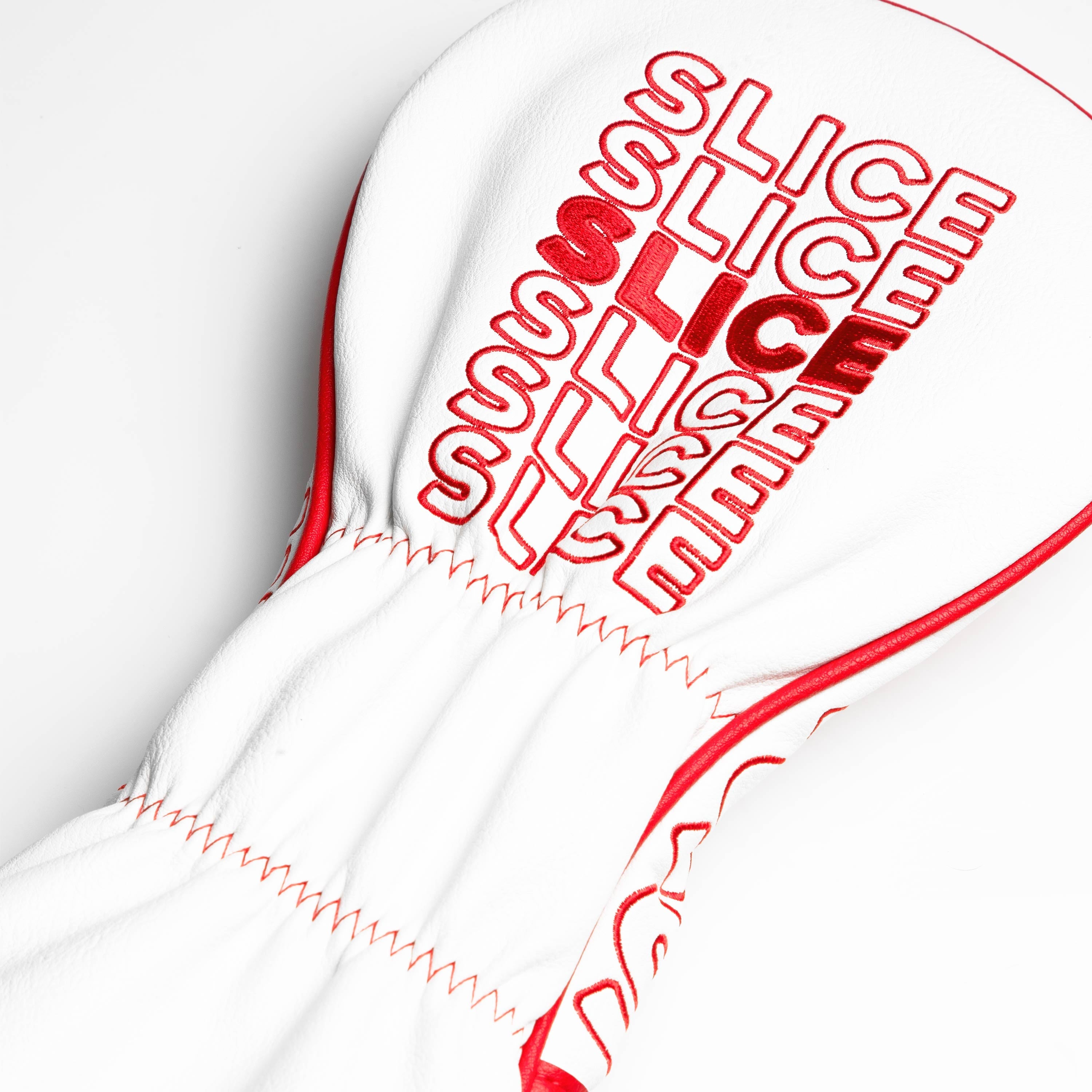Bold white driver cover featuring repeated red "SLICE" text, designed for golfers who want to make a statement on the course.