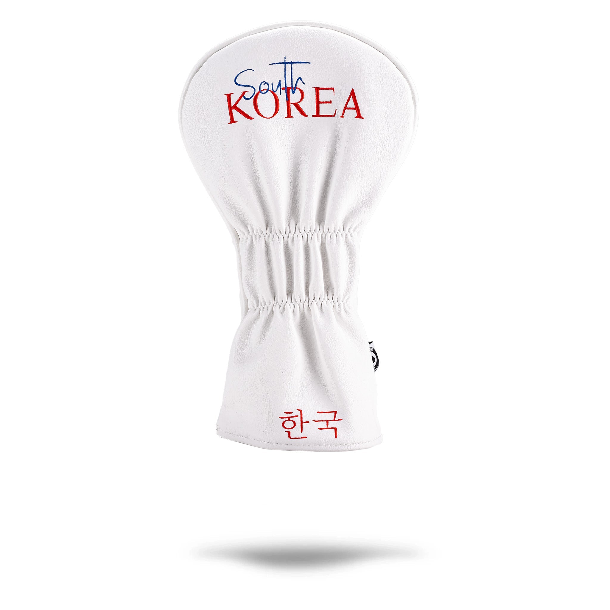 White driver cover featuring "South Korea" in blue and red text, with "한국" in red, designed for stylish golf protection.