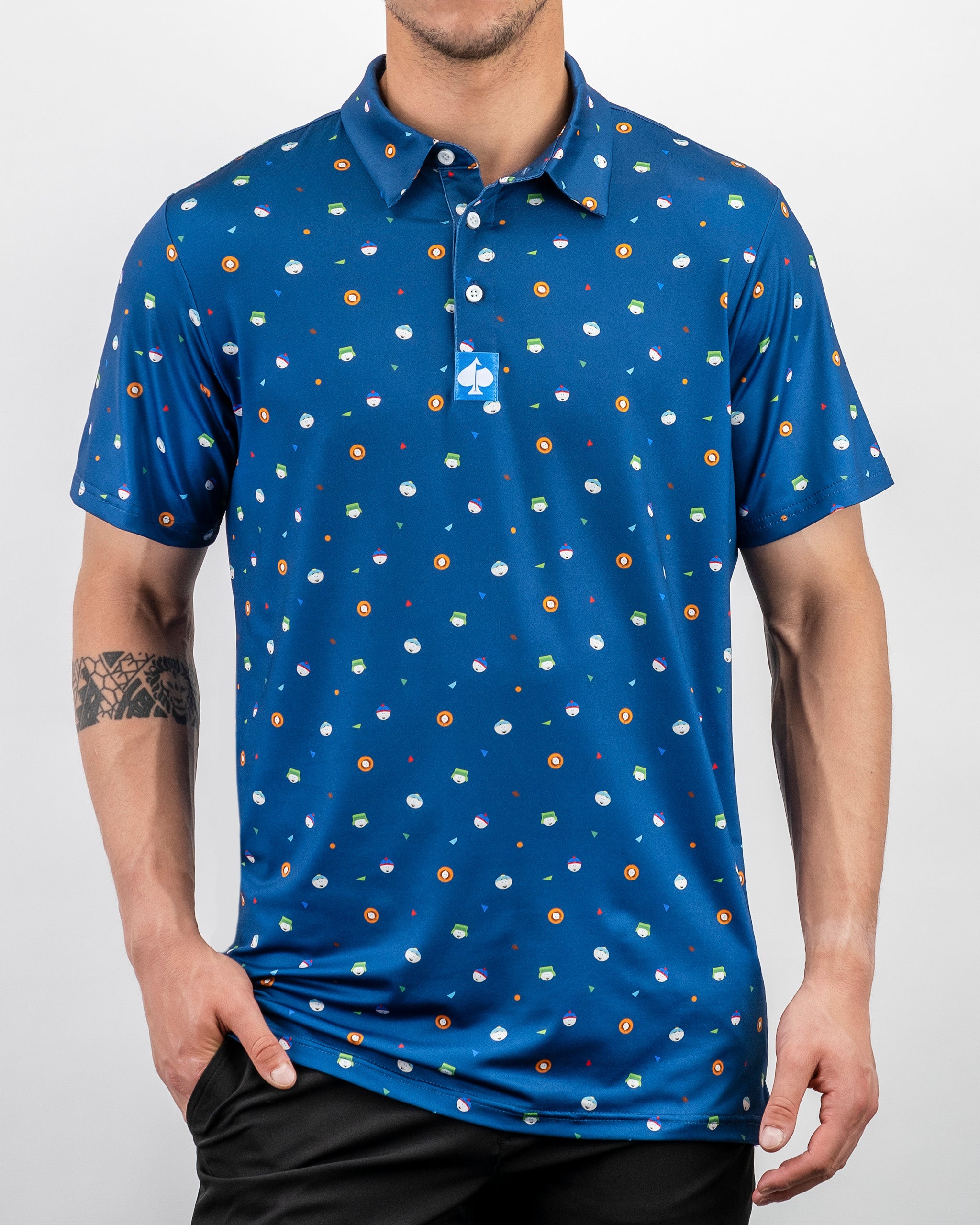 Men's South Park Classic polo shirt featuring a vibrant blue pattern with colorful icons, perfect for bold golf style.