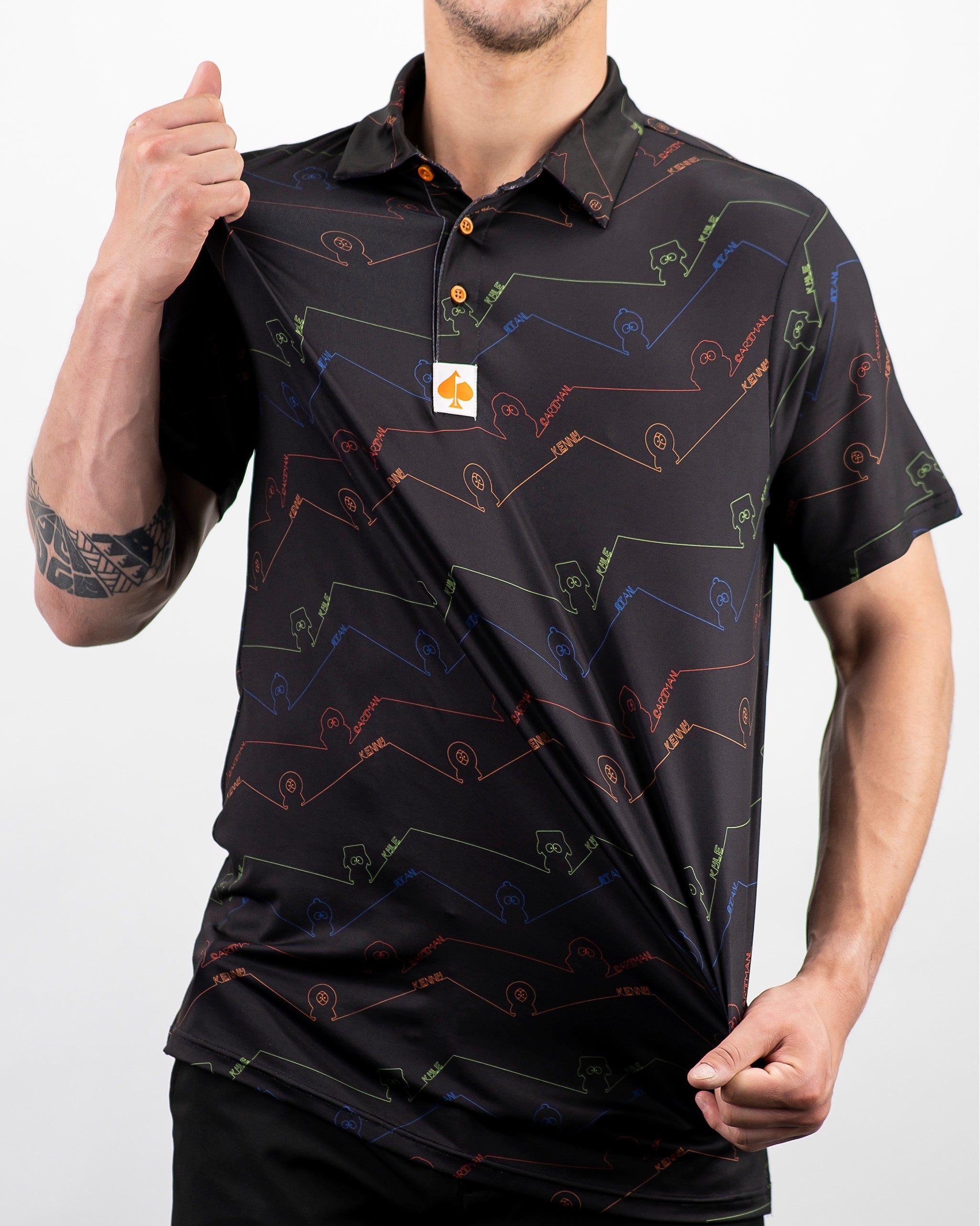 Bold South Park Signature golf polo featuring colorful patterns and a lightweight, breathable fabric for comfort on the course.
