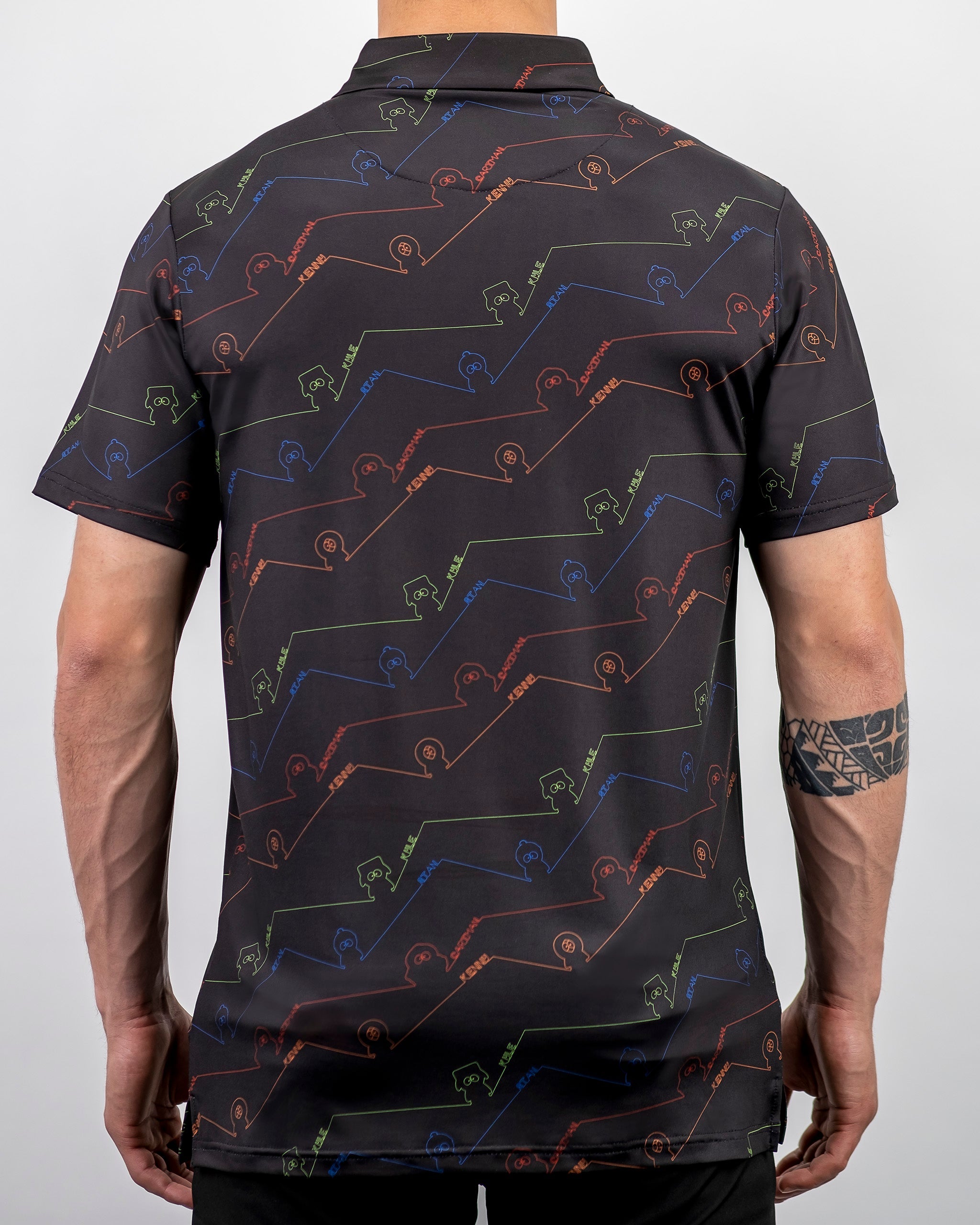 Men's black polo shirt featuring a colorful South Park signature pattern, ideal for bold golf style.