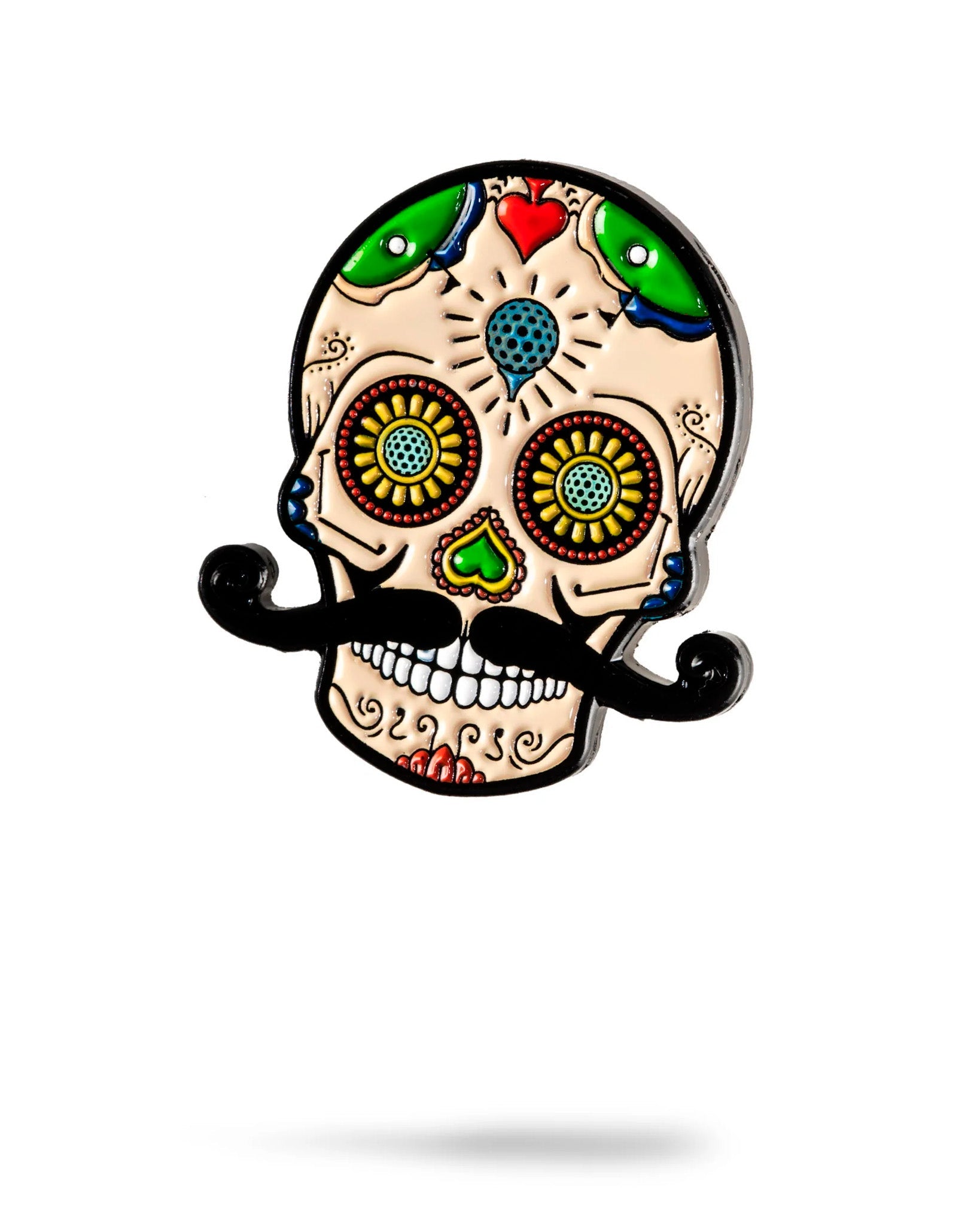 Colorful sugar skull ball marker featuring intricate designs and a mustache, perfect for adding flair to your golf game.