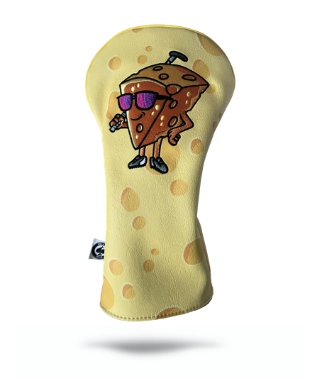 Bold golf driver cover shaped like a cartoon cheese wedge wearing sunglasses, perfect for adding fun to your golf game.