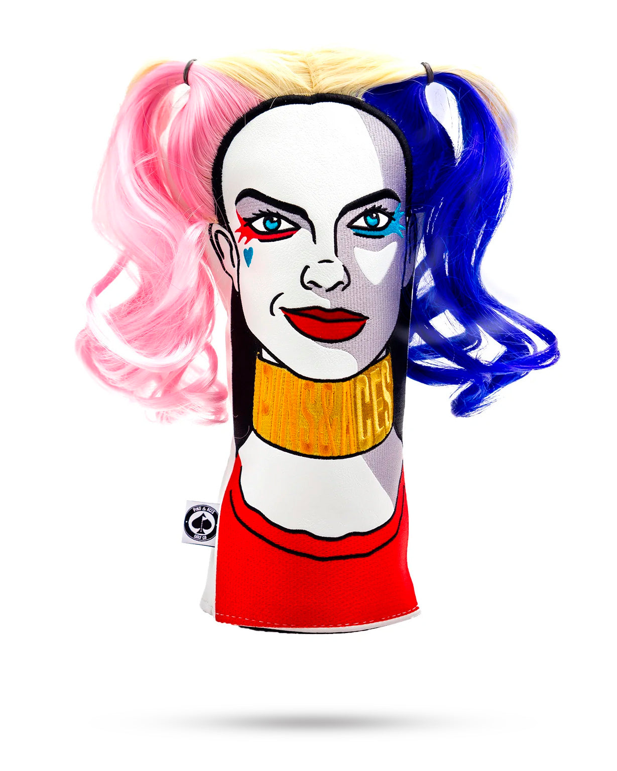 Bold driver cover featuring a playful design inspired by a character with vibrant pink and blue pigtails, perfect for golfers.