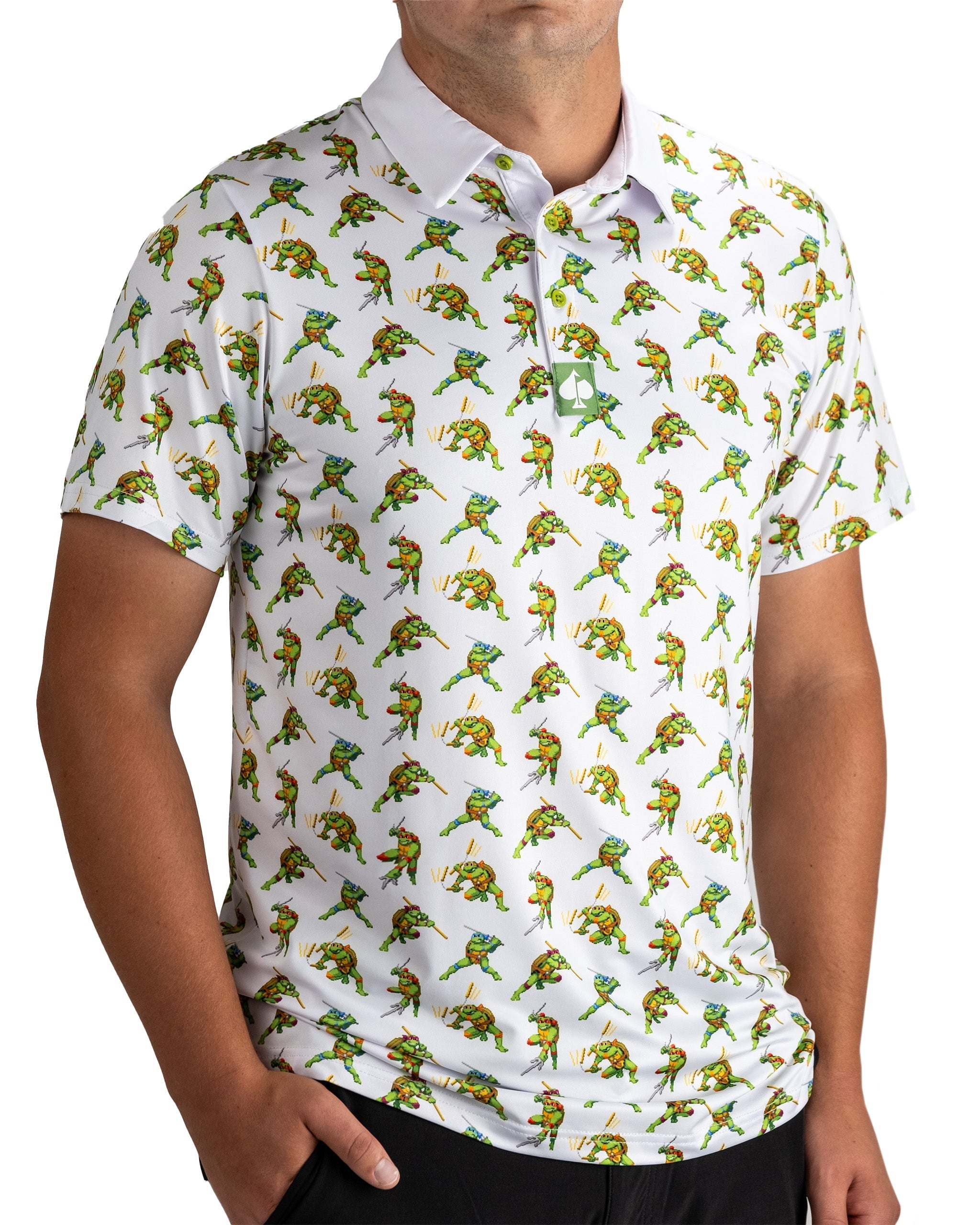 Men's golf polo featuring a vibrant 8-bit design of Teenage Mutant Ninja Turtles in action, perfect for bold style on the course.