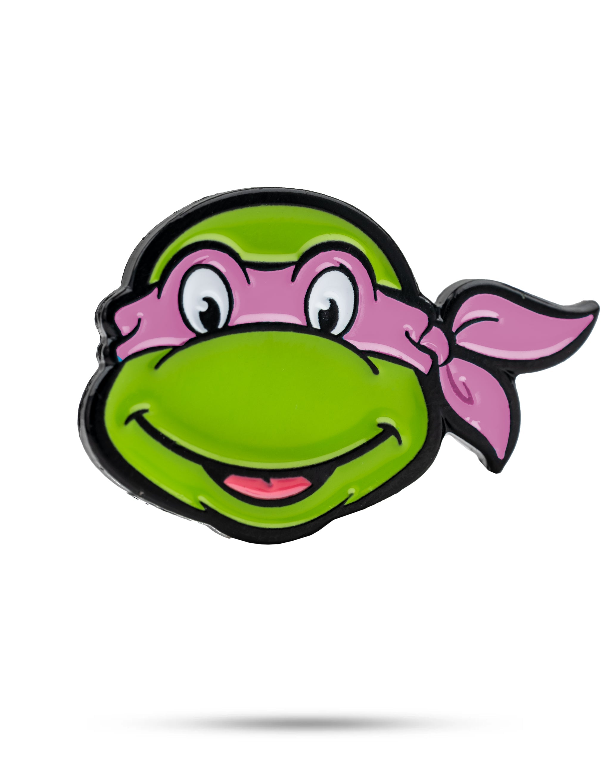 TMNT Donatello ball marker featuring a vibrant green turtle head with a pink bandana and a friendly smile.