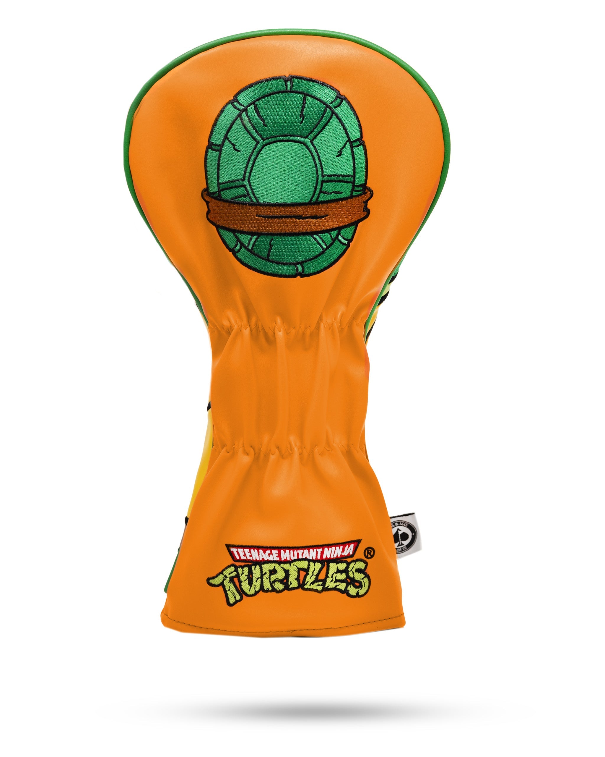 Teenage Mutant Ninja Turtles Michelangelo driver cover in orange with a green turtle shell design, perfect for golf enthusiasts.