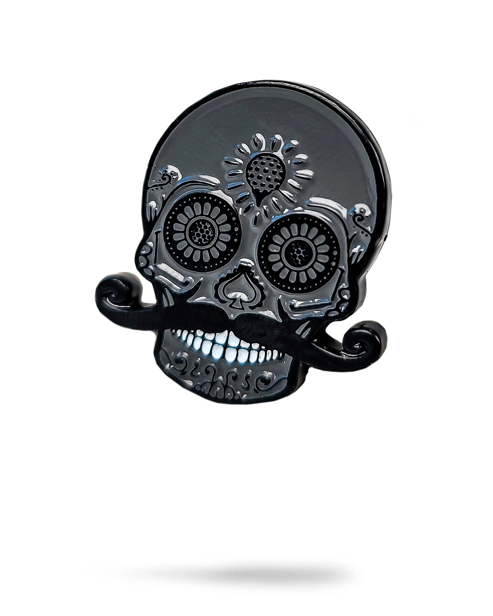 Blackout Sugar Skull Ball Marker featuring intricate designs and a mustache, perfect for stylish golfers.