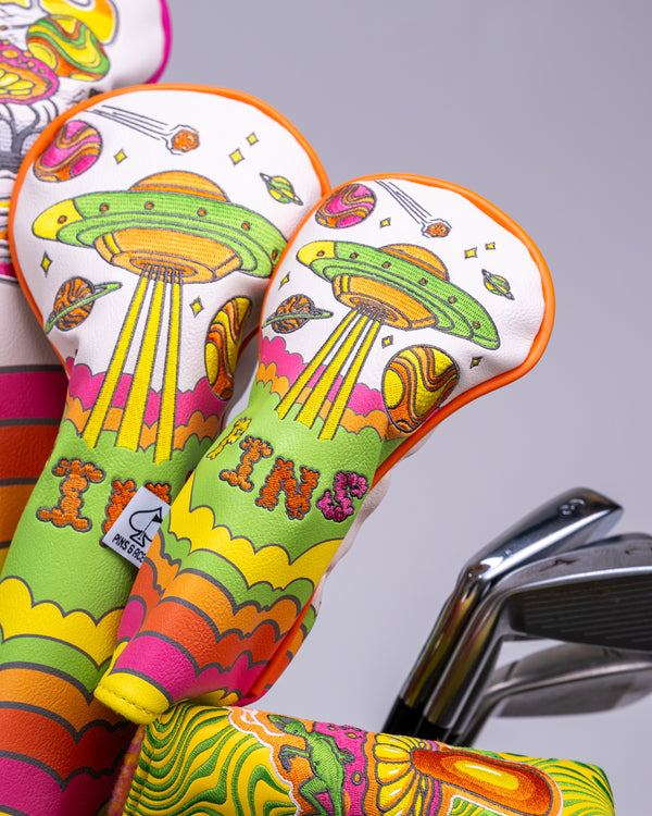 Cosmic Puff hybrid golf club cover featuring a colorful cosmic design with soft, padded material.