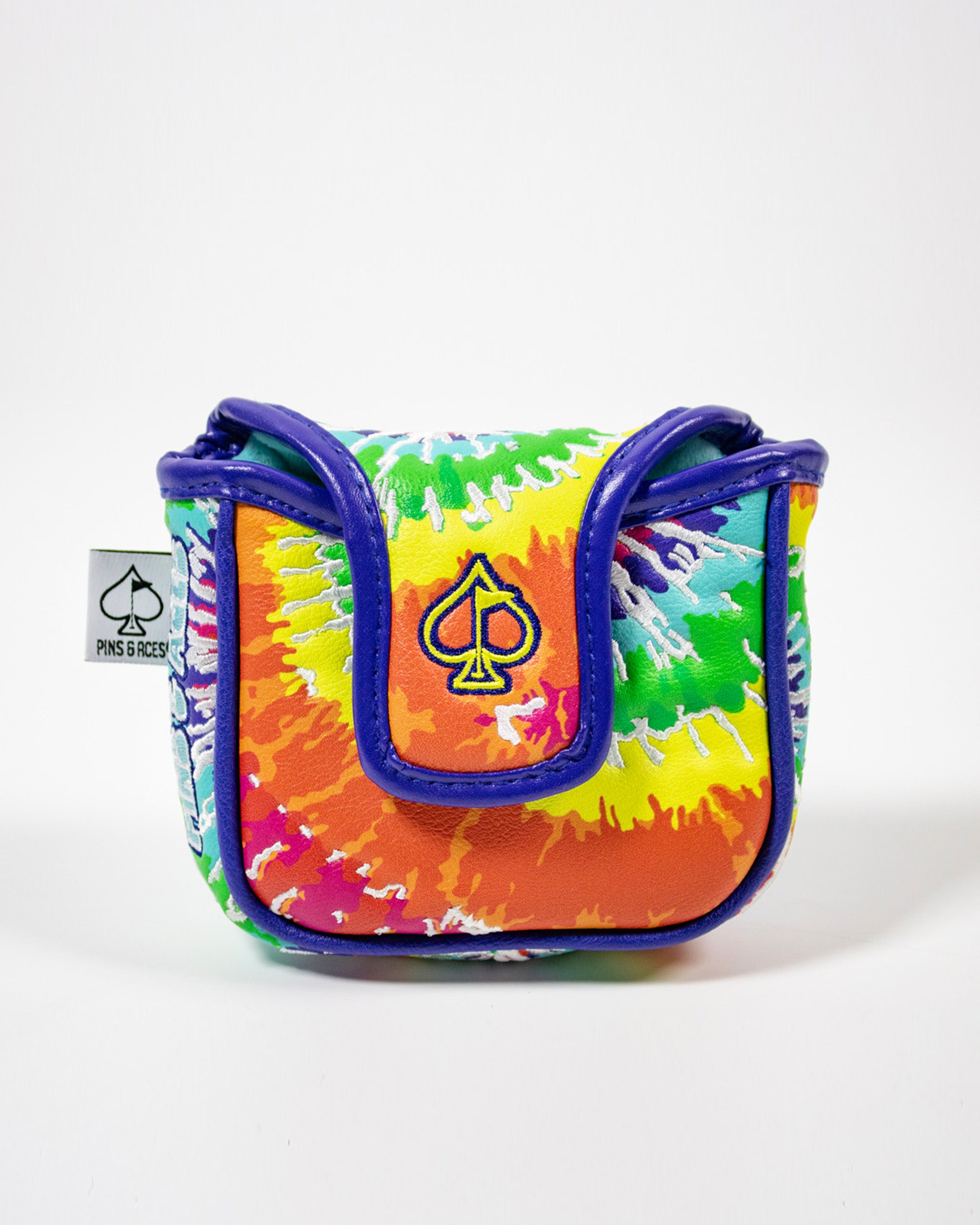 Colorful Puff Puff Putt mallet putter cover featuring a tie-dye design and a logo, perfect for golf enthusiasts.