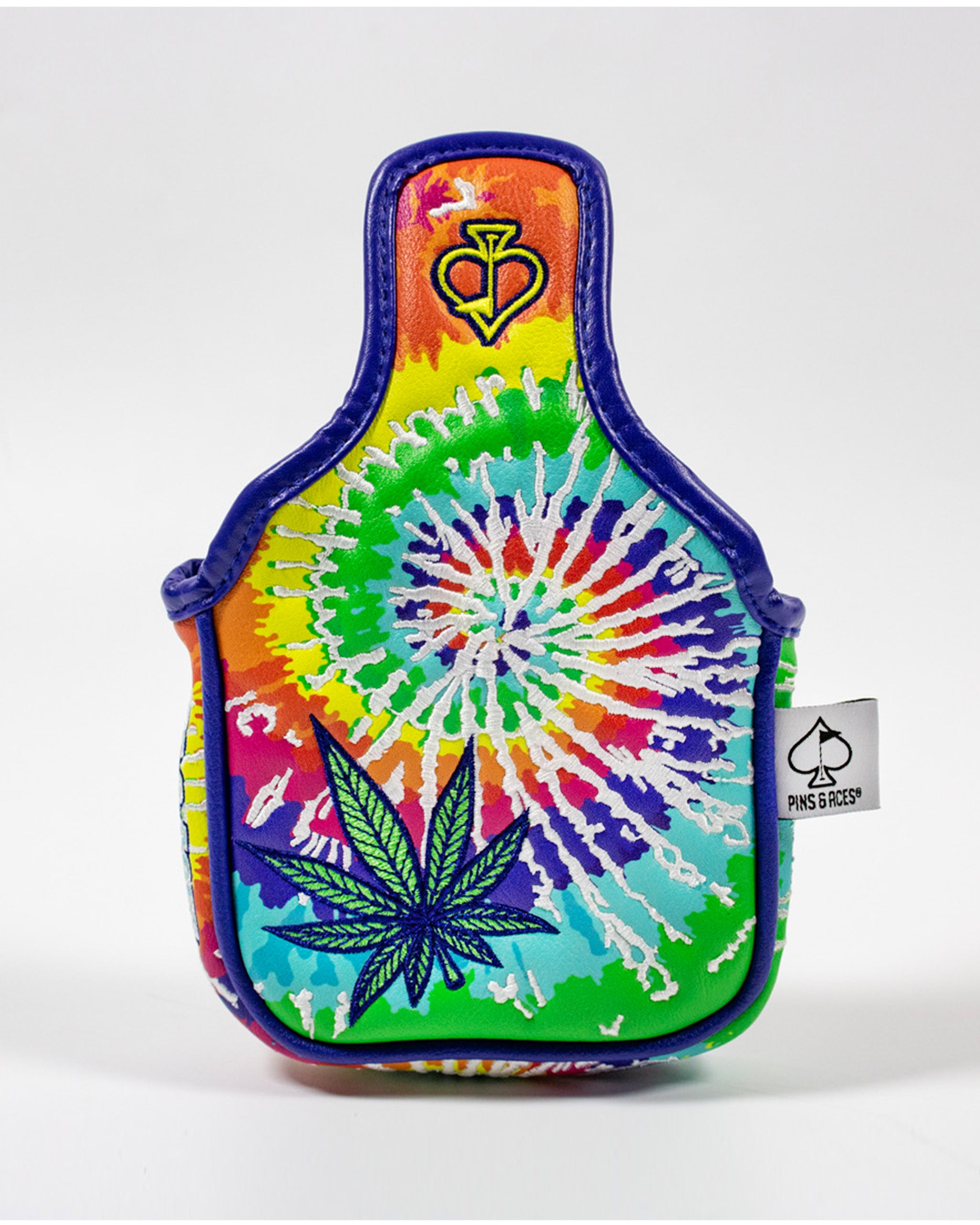 Colorful tie-dye mallet putter cover featuring a leaf design, perfect for protecting your golf club in style.