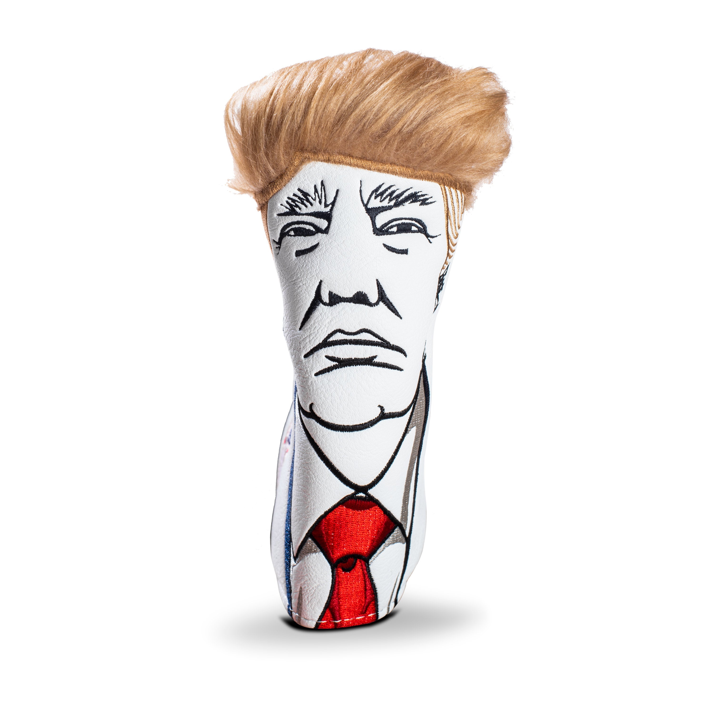 Bold Trump-themed blade putter cover featuring a detailed face design and signature hairstyle for standout golf style.