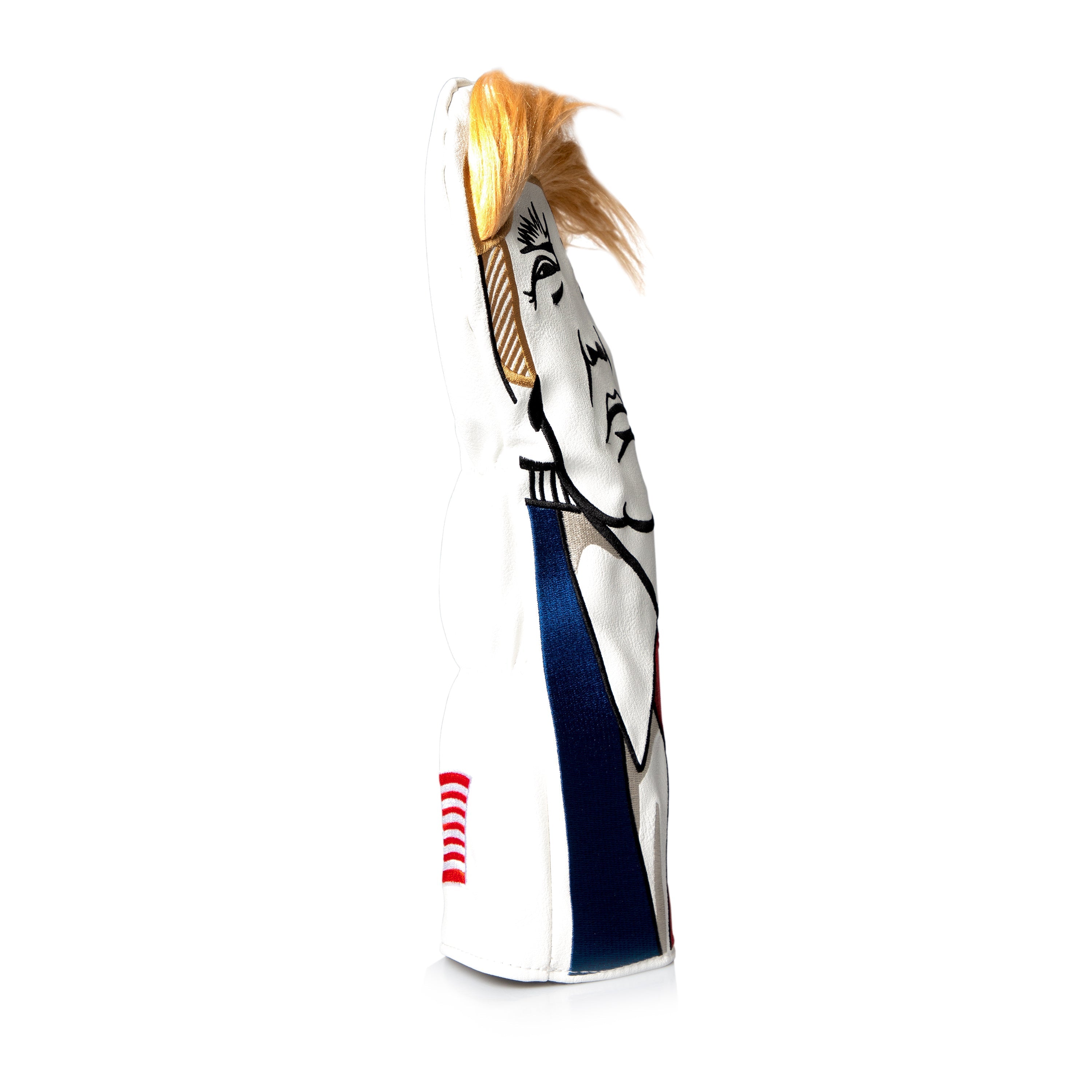 Bold golf headcover featuring a caricature design inspired by a former president, complete with distinctive hair and patriotic colors.