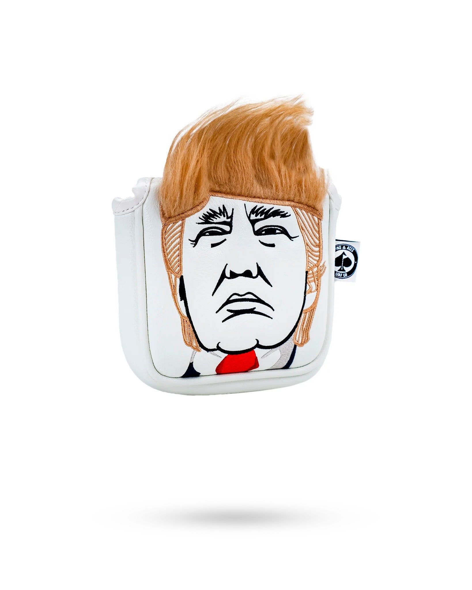 Bold mallet putter cover featuring a caricature of a man with distinctive hair and a suit, perfect for standout golf style.