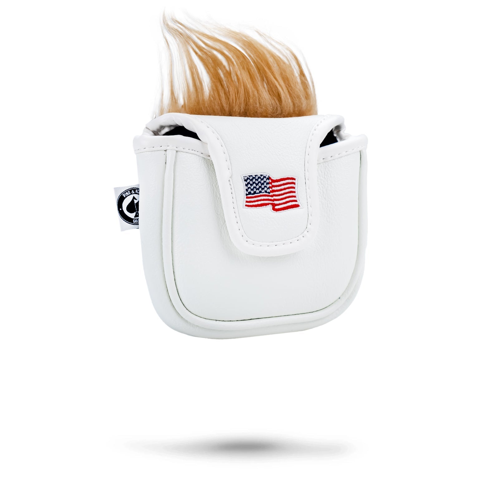 White mallet putter cover featuring a playful design with a tuft of hair and an American flag emblem.