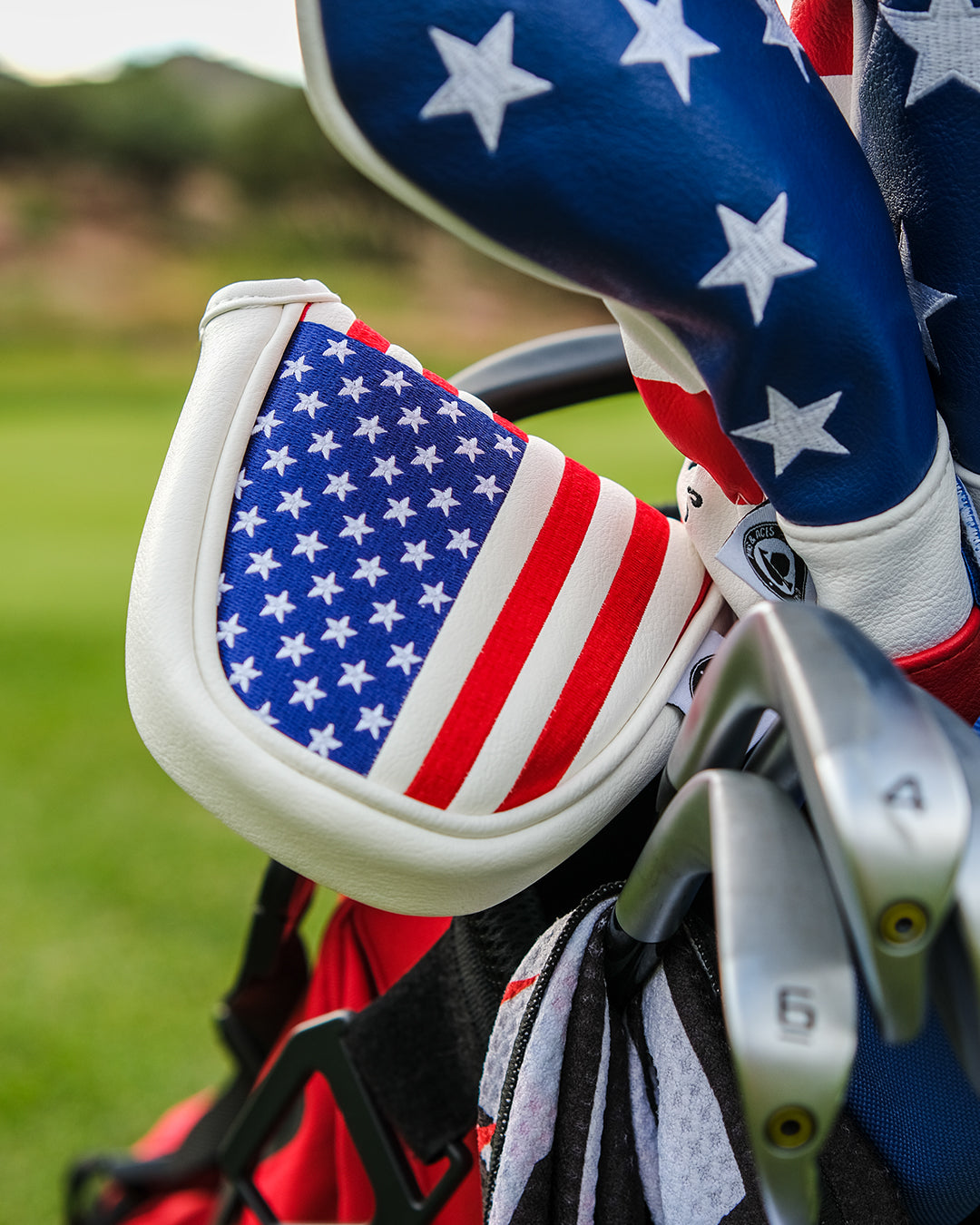 USA Tribute mallet putter cover featuring a bold American flag design, perfect for golfers who want to showcase their patriotism.