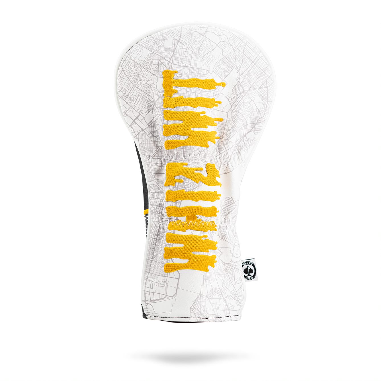 Bold Whiz Wit driver cover featuring a unique city map design and vibrant yellow lettering, perfect for stylish golfers.