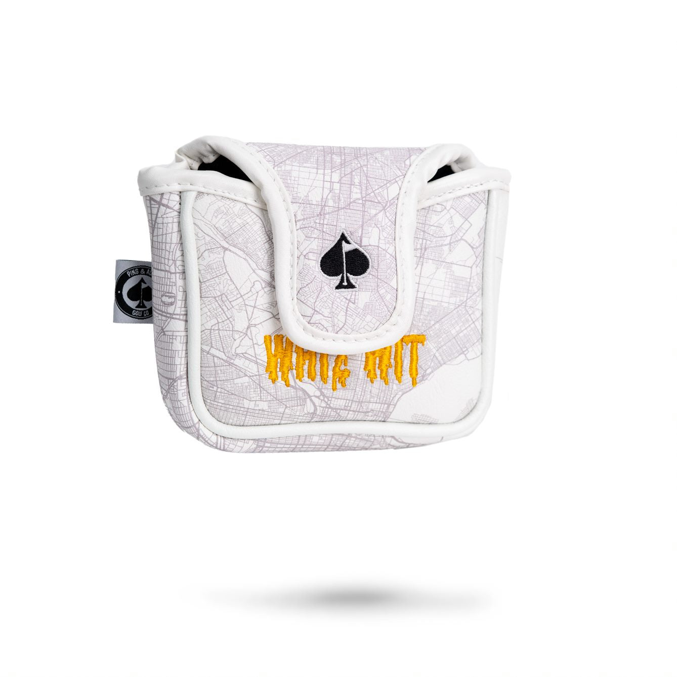 Bold Whiz Wit mallet cover featuring a map design and an embroidered logo, perfect for stylish golfers.