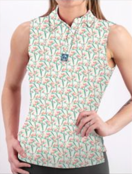 Stylish women's sleeveless polo featuring a vibrant Birds of Paradise floral pattern, perfect for bold golf outings.