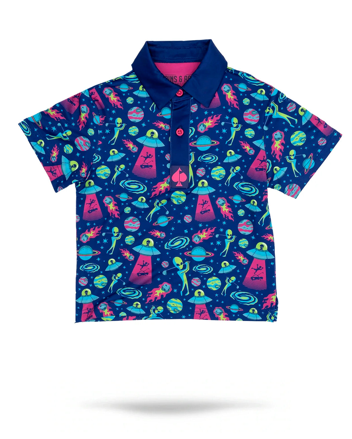 Youth Alien Invasion Polo featuring a vibrant alien and space-themed print in blue, pink, and green colors.