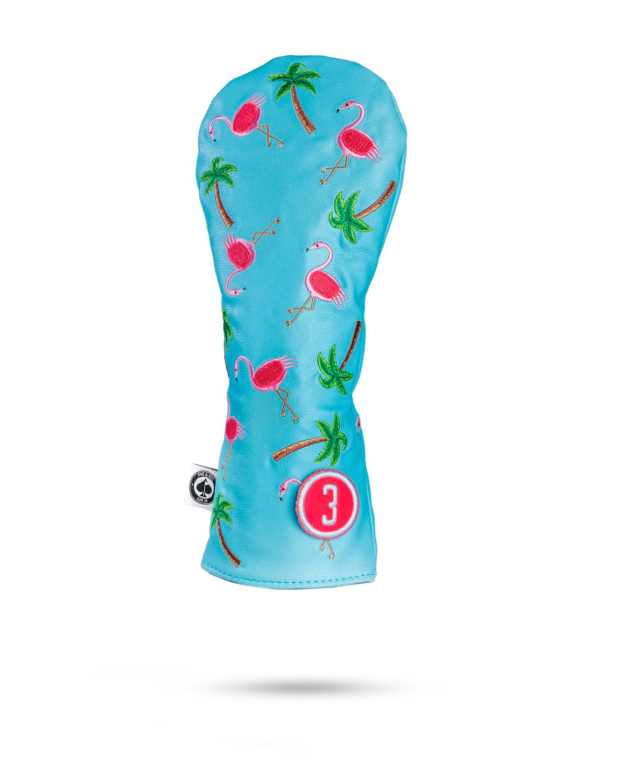 Dancing flamingos fairway cover for golf clubs, featuring vibrant pink flamingos against a colorful background.