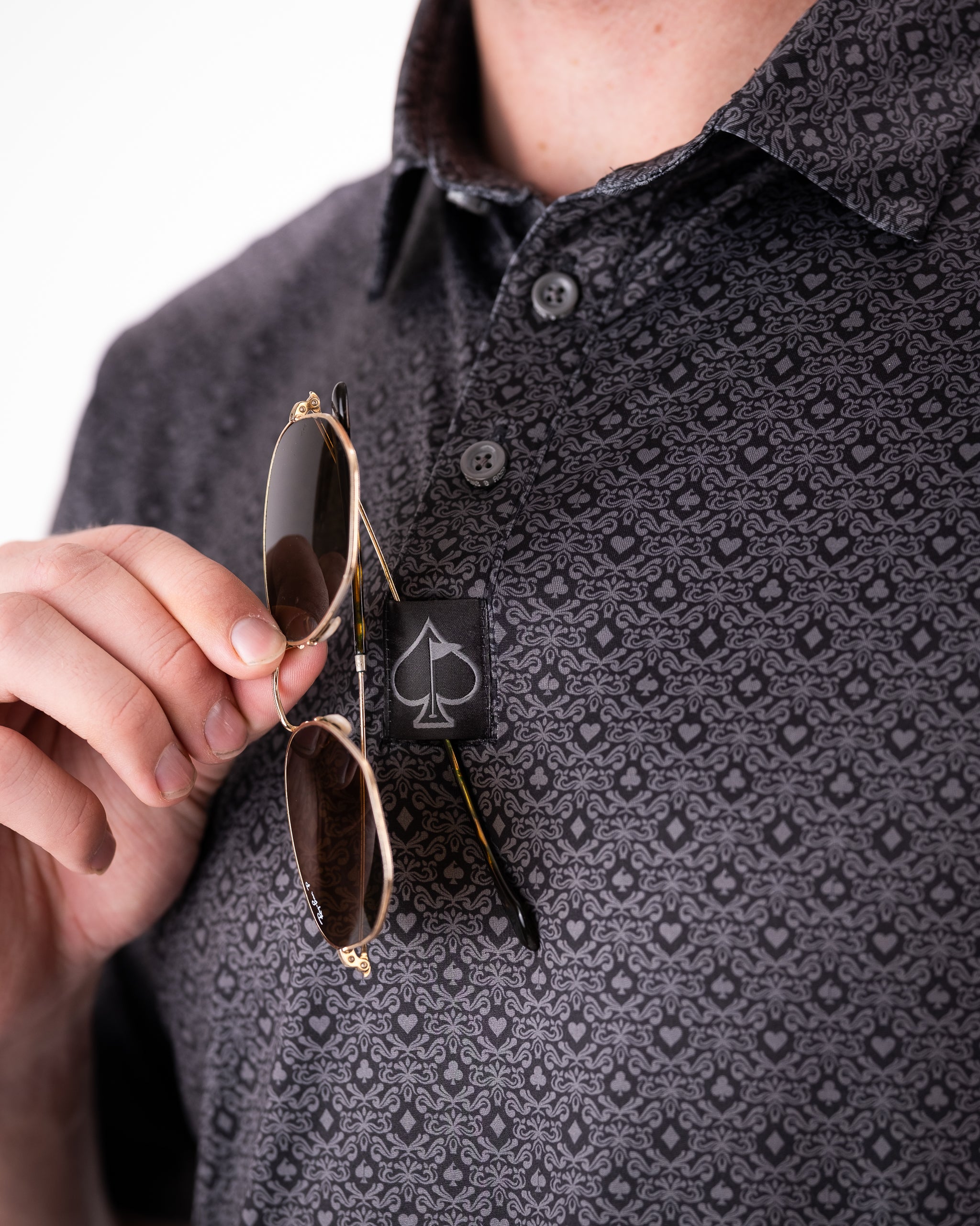 "Big Blind oversized navy jacket with button details showcased on a model in a studio setting."