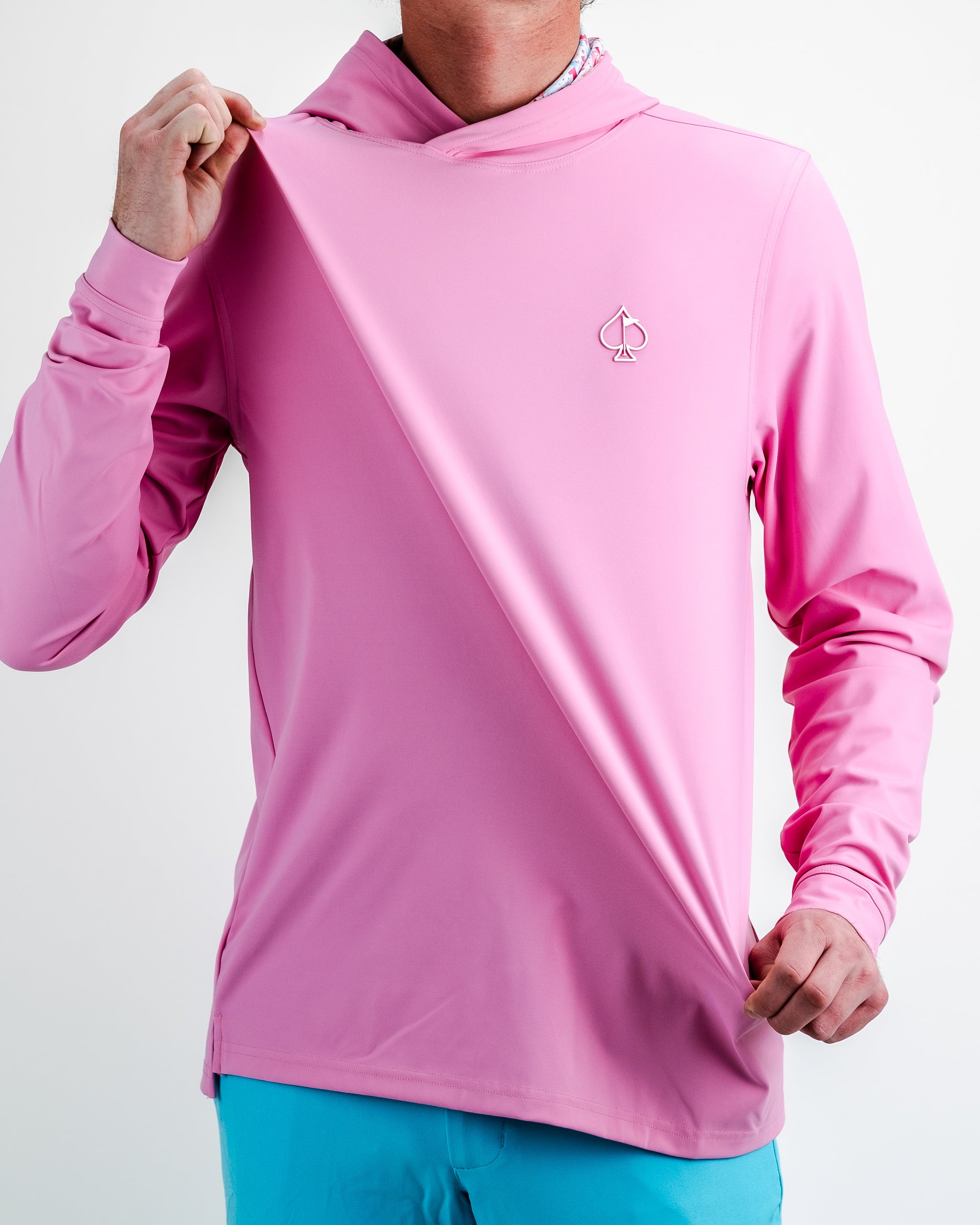 Performance Golf Hoodie in Flamingo Shatter pattern, featuring a stylish design with a comfortable fit, suitable for on and off the golf course.