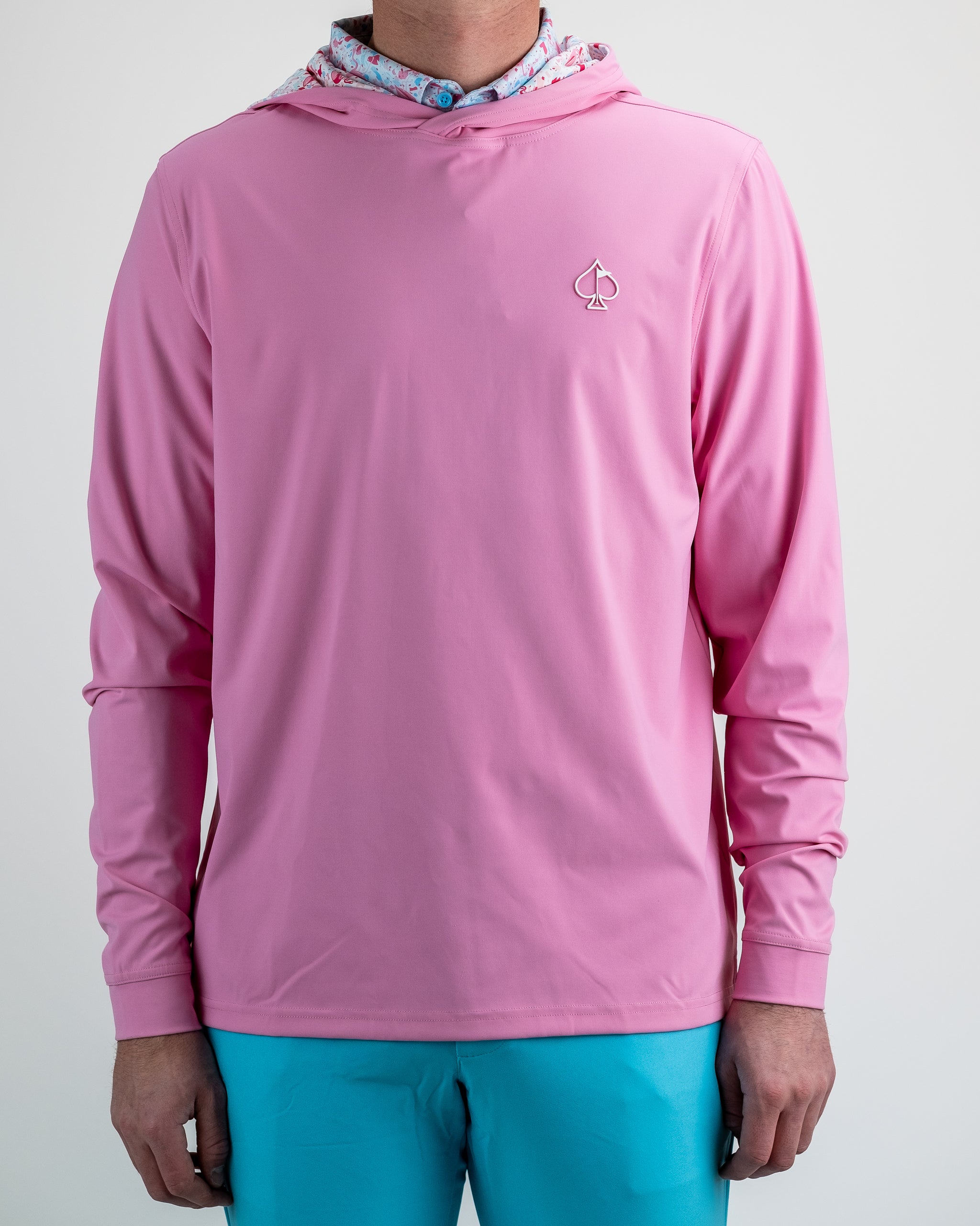 Performance Golf Hoodie in Flamingo Shatter design, featuring a vibrant pink and black pattern, ideal for active wear and outdoor activities.