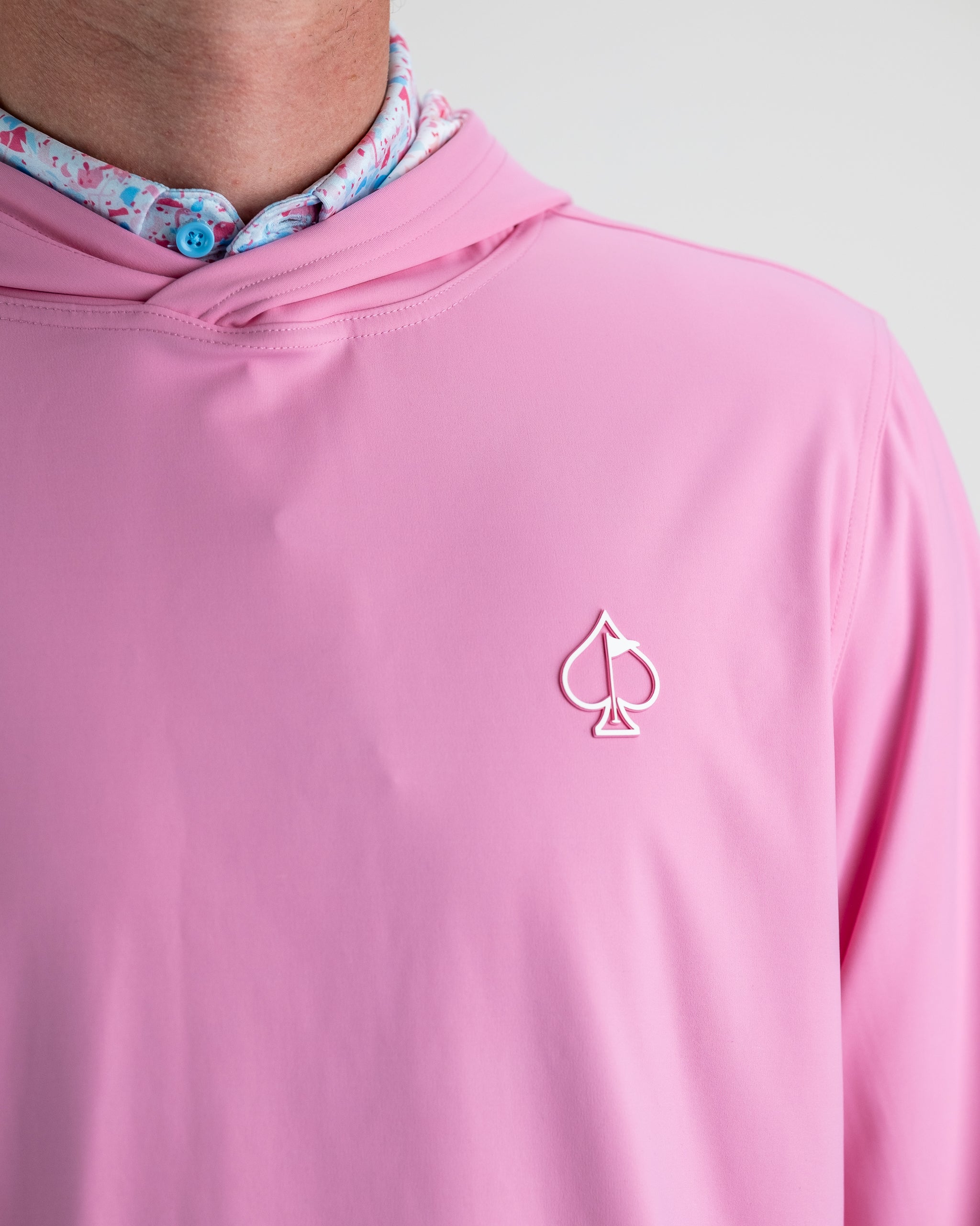 Performance Golf Hoodie in Flamingo Shatter design, featuring a stylish and vibrant pattern, ideal for golf enthusiasts.