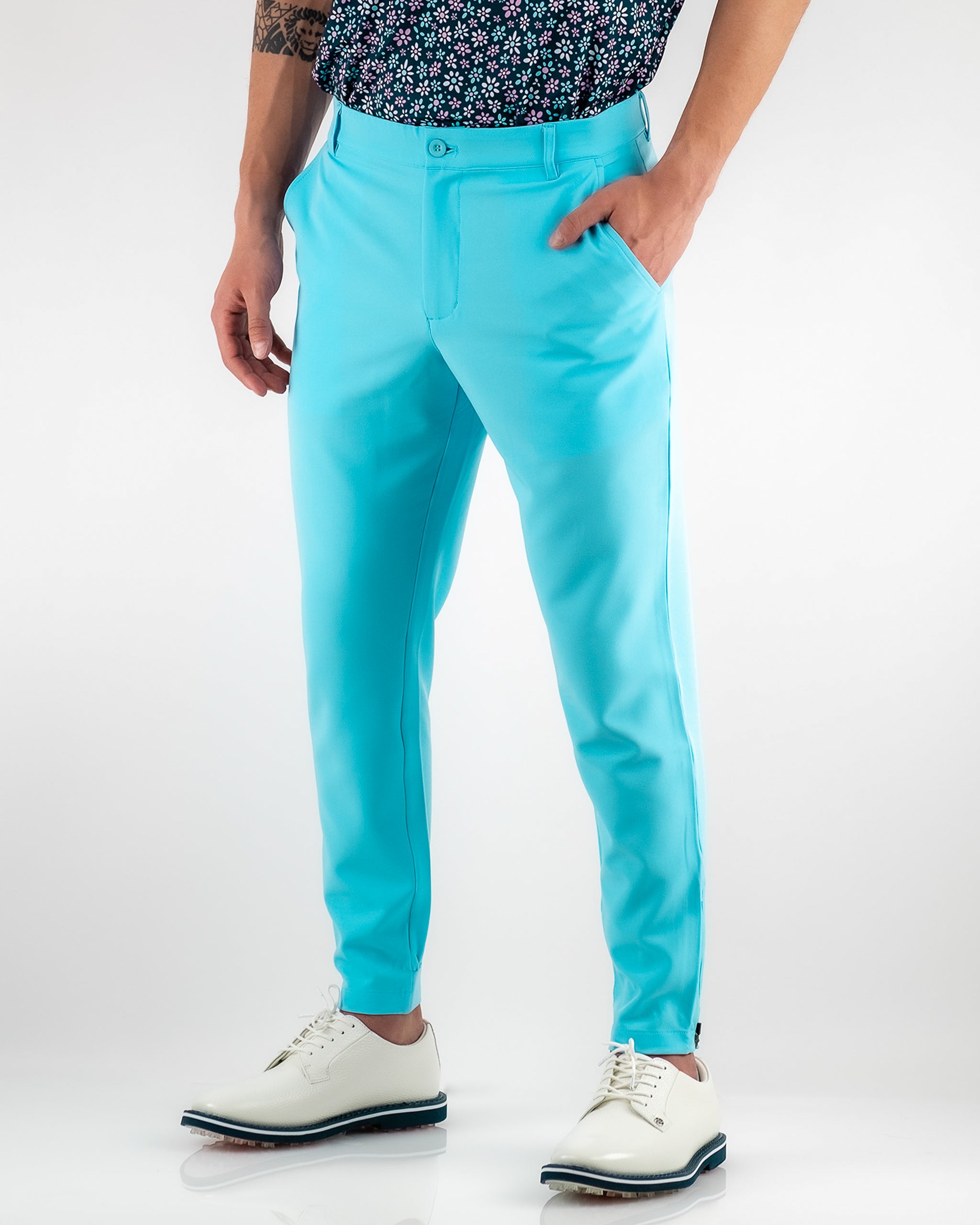 Sky blue performance jogger featuring a comfortable fit and stylish design, modeled on a person outdoors.