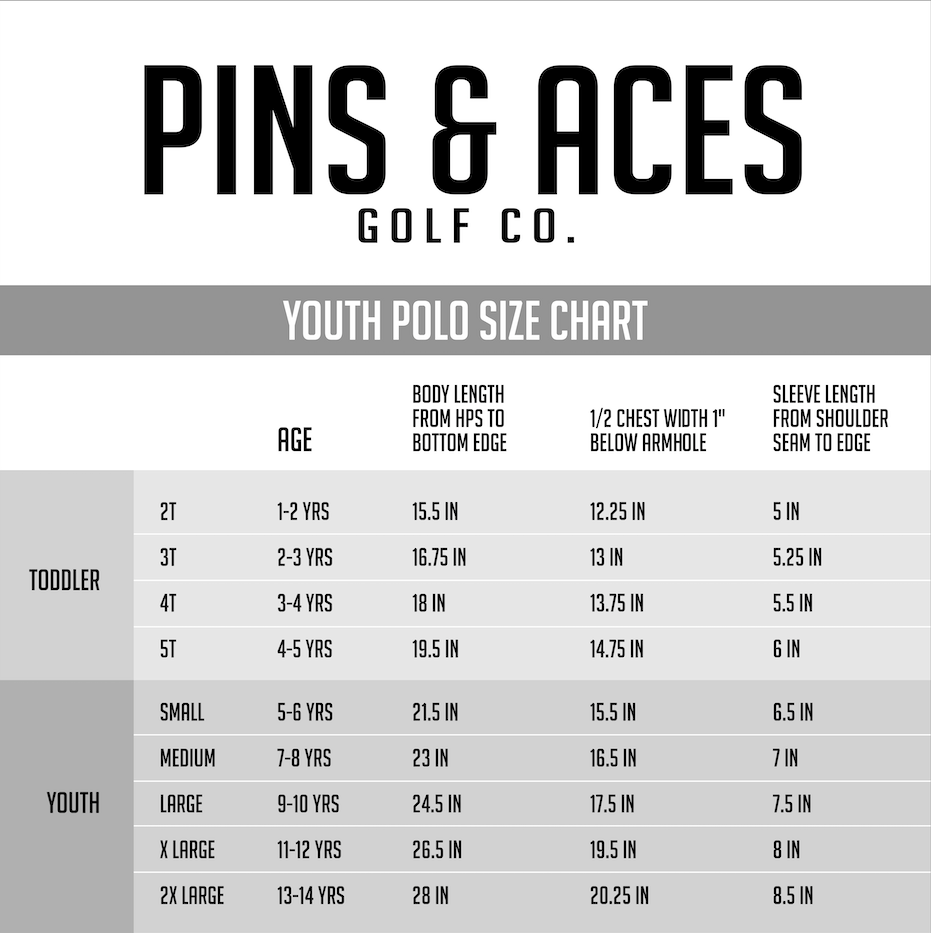 Youth Southwest Sunset Polo size chart featuring measurements for toddlers and youth sizes, including body length and sleeve length.