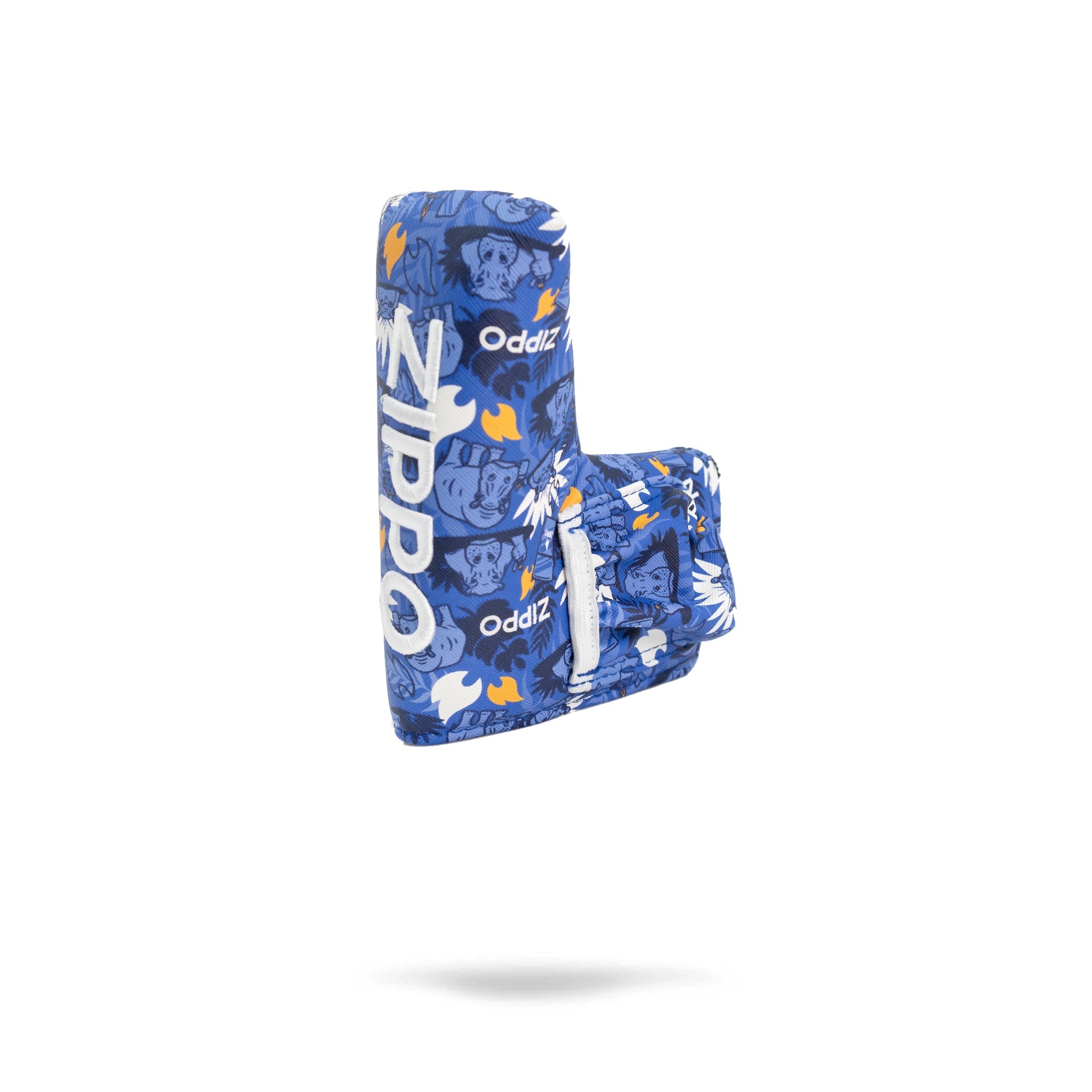 Bold blue Zippo blade putter cover featuring a unique graphic design, perfect for golfers wanting to stand out on the course.