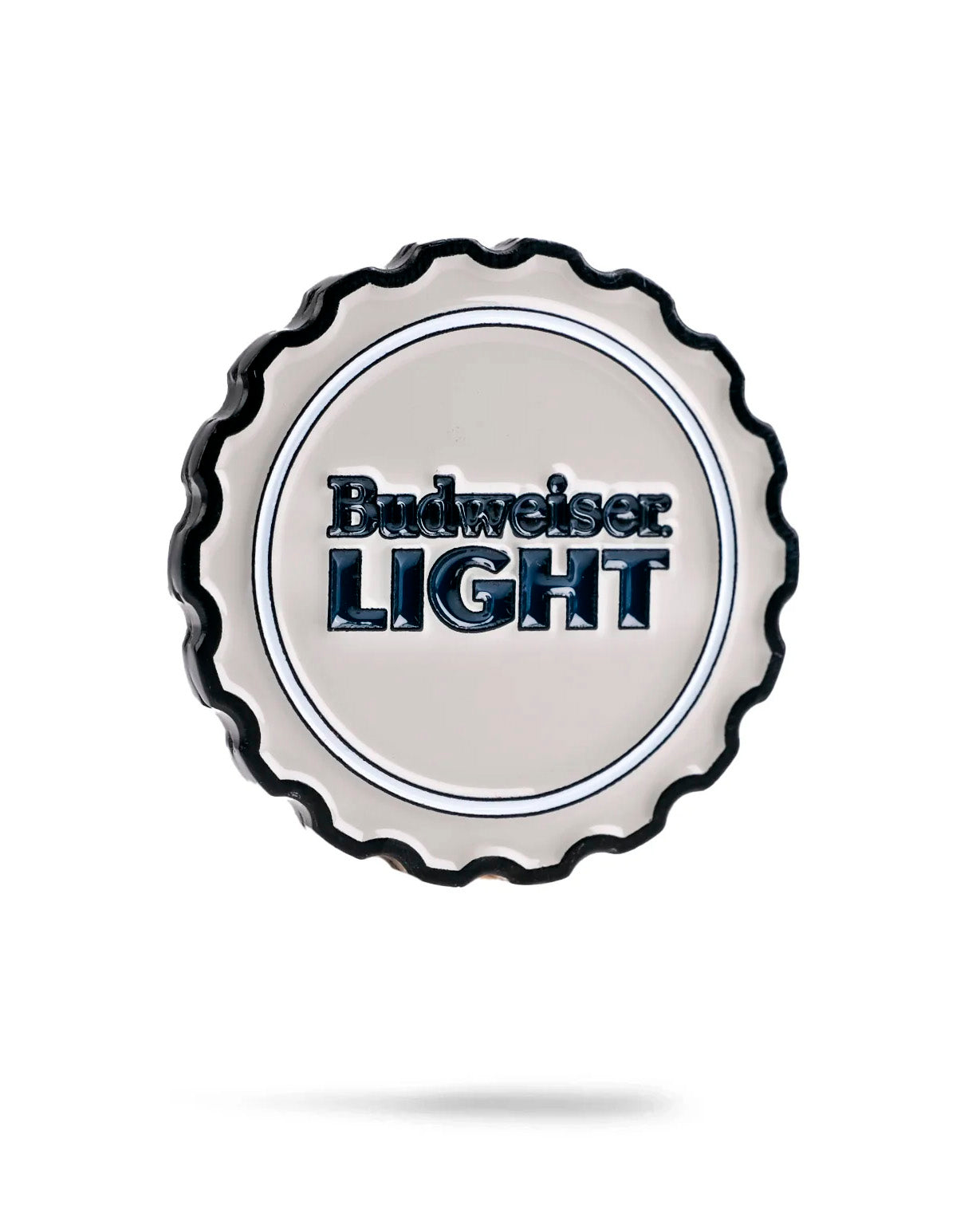 Budweiser Light ball marker in grey featuring a bottle cap design with the text "Budweiser LIGHT" prominently displayed.