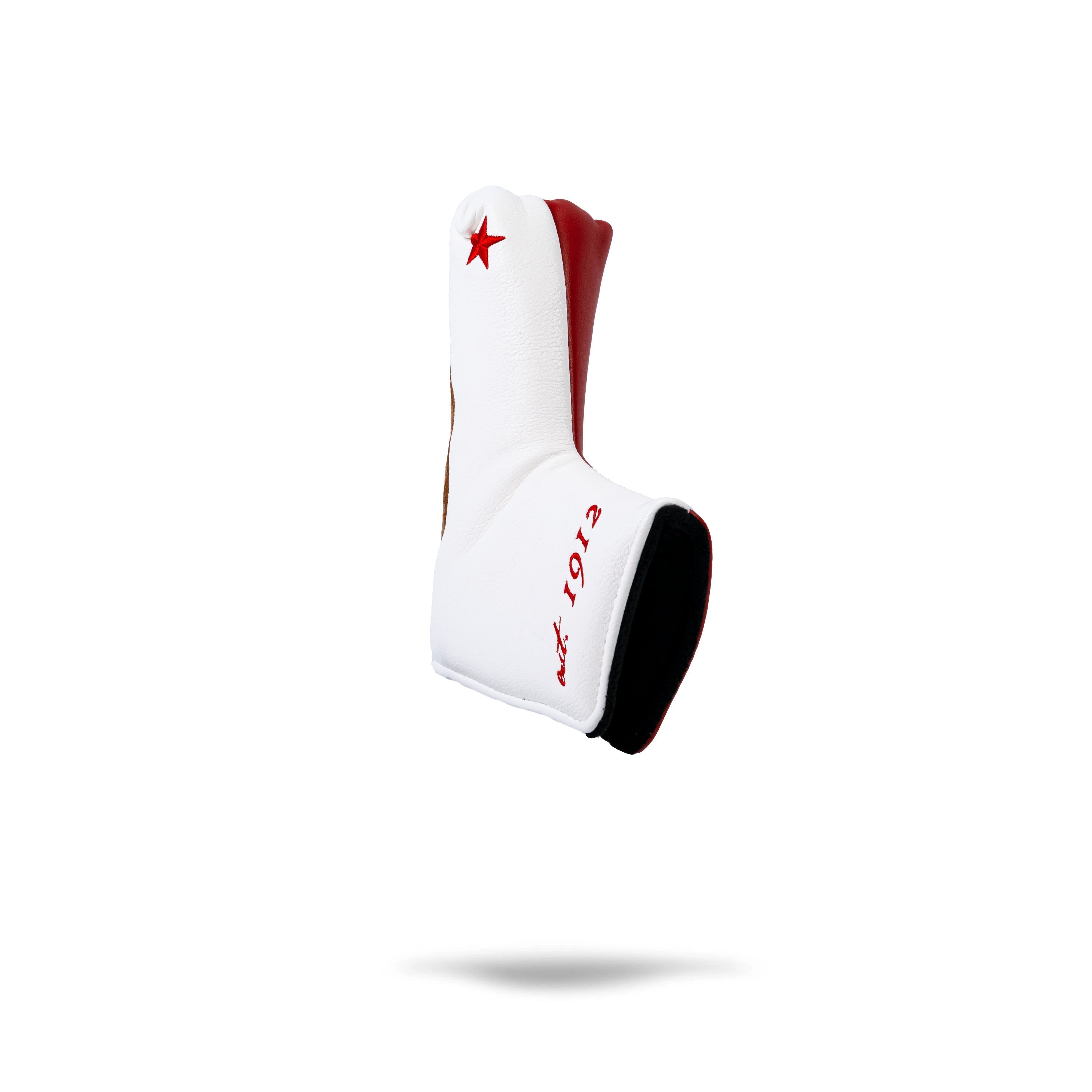 California State Flag Blade Putter Cover featuring a white design, red accents, and a star, ideal for stylish golfers.