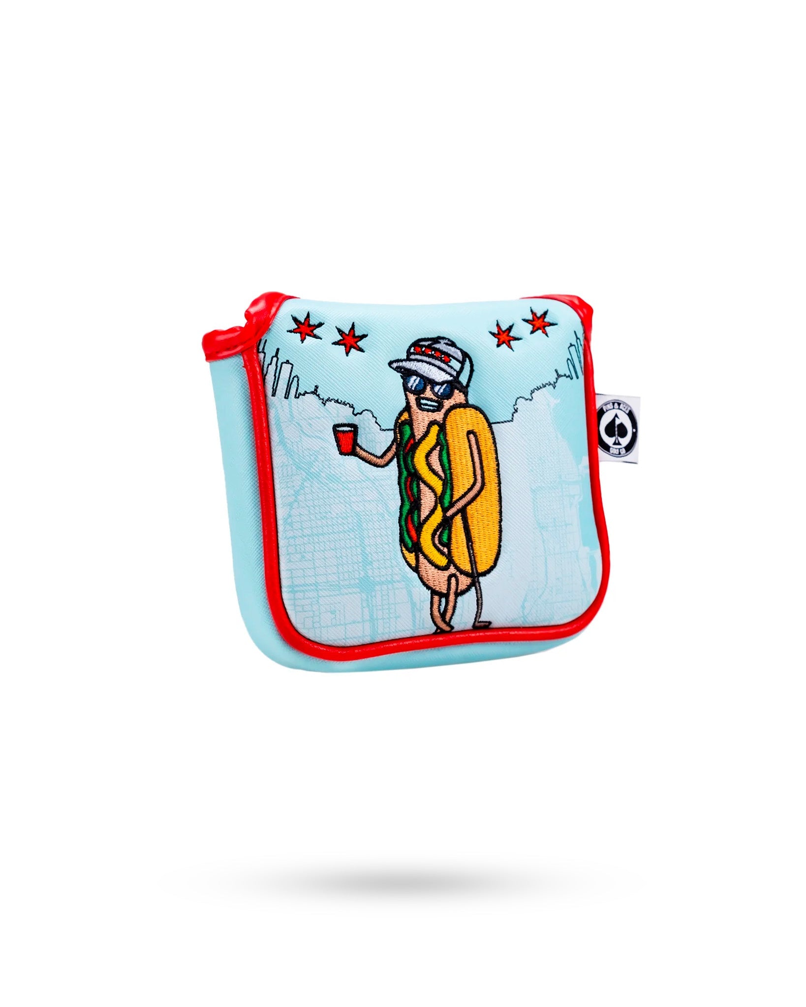 Chicago Dog mallet putter cover featuring a playful hot dog character holding a drink, perfect for stylish golfers.