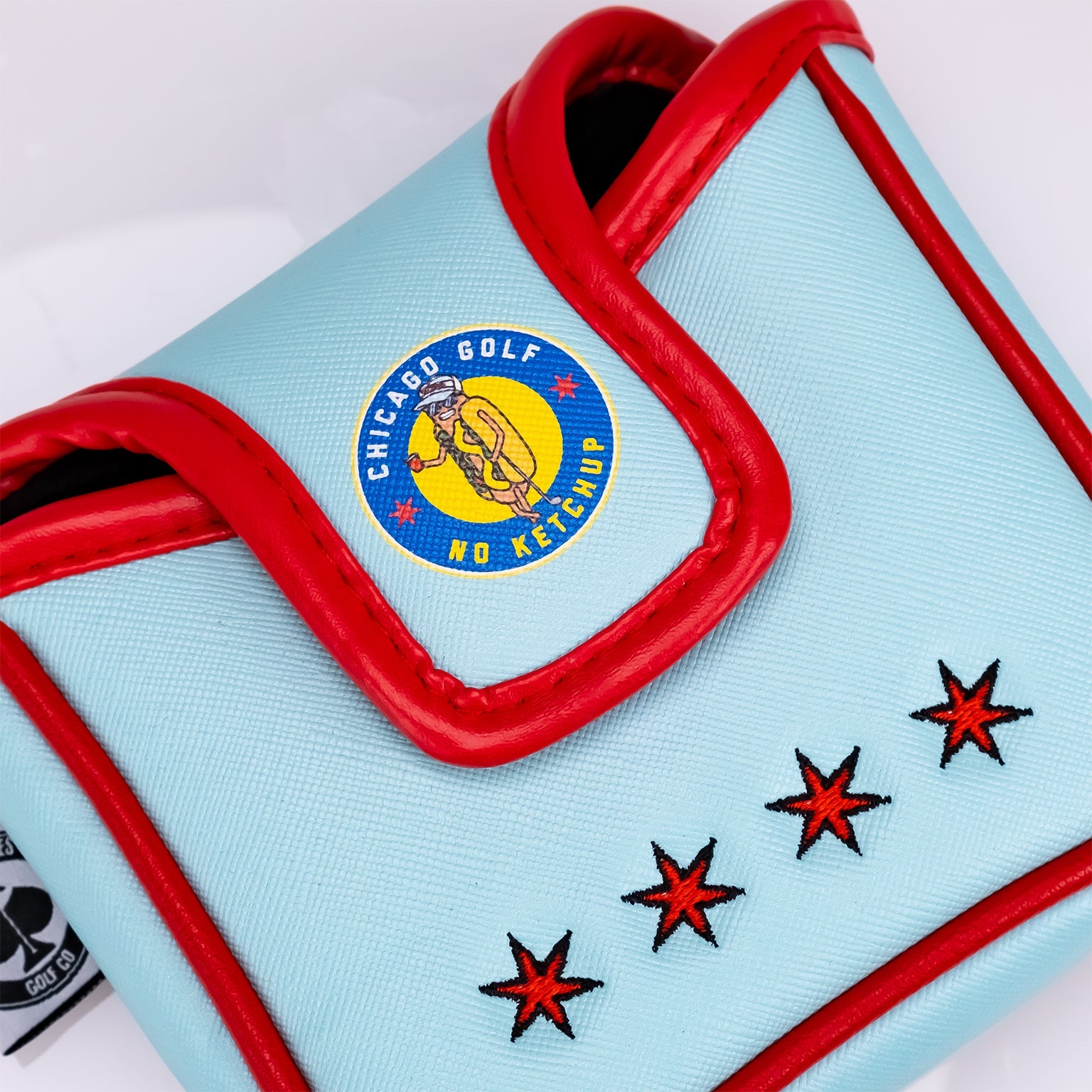 Chicago Dog mallet putter cover featuring a light blue design, red accents, and Chicago-themed graphics.