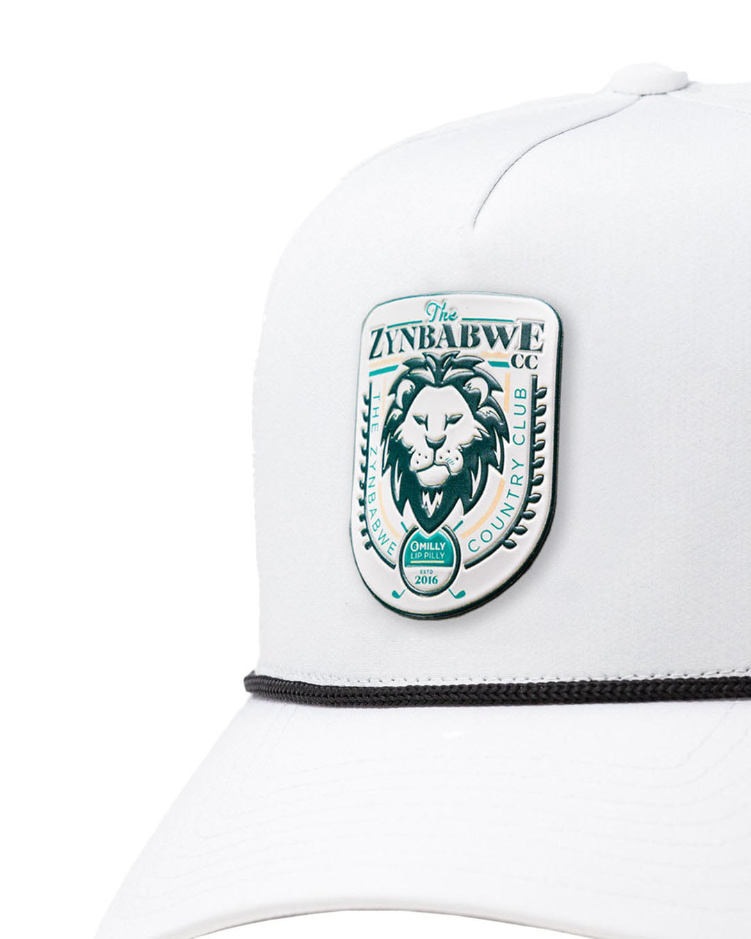 Perforated white rope hat featuring Zynbabwe Country Club logo.