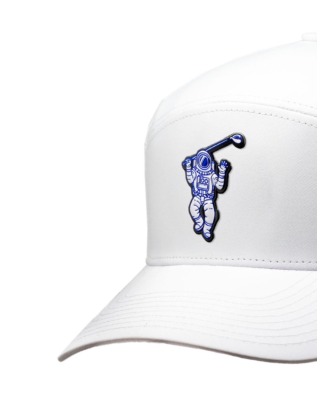 White Tradesman Hat featuring Space Golfer design, shown floating against a transparent background.