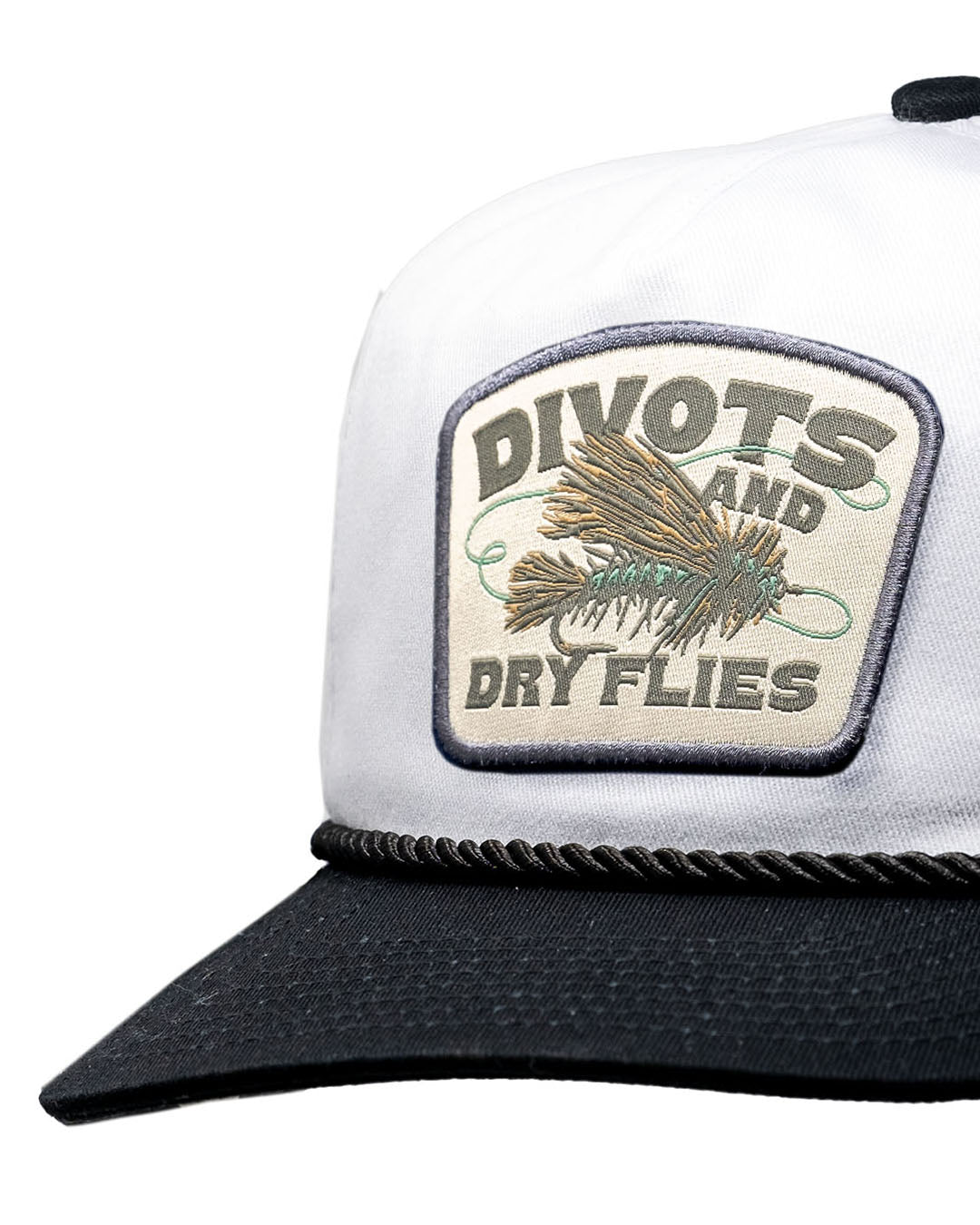 Heritage Rope Hat in Charcoal and Navy featuring Divots & Dry Flies graphic and a classic rope detail.