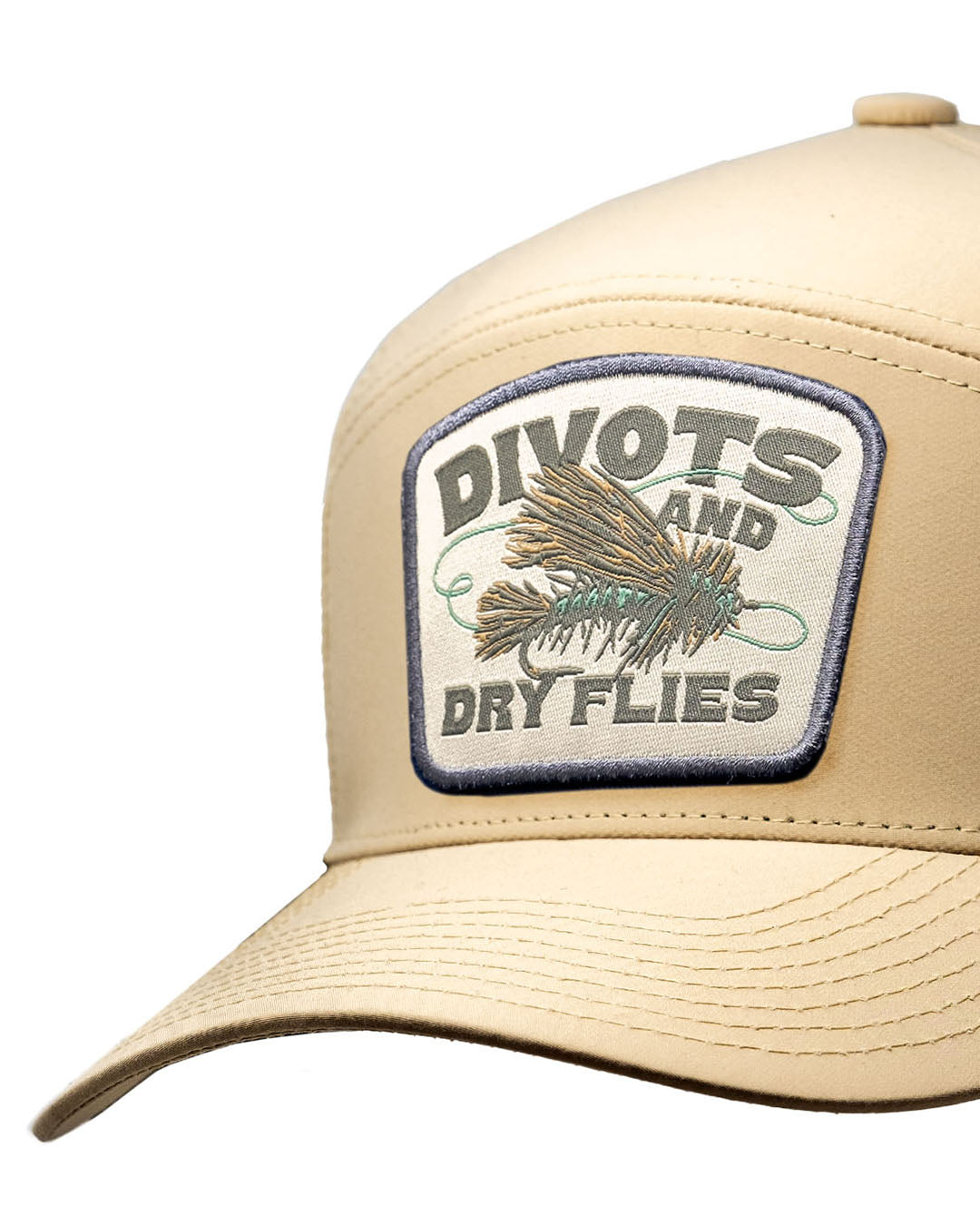 Tradesman Hat in Sand color featuring "Divots & Dry Flies" patch design.