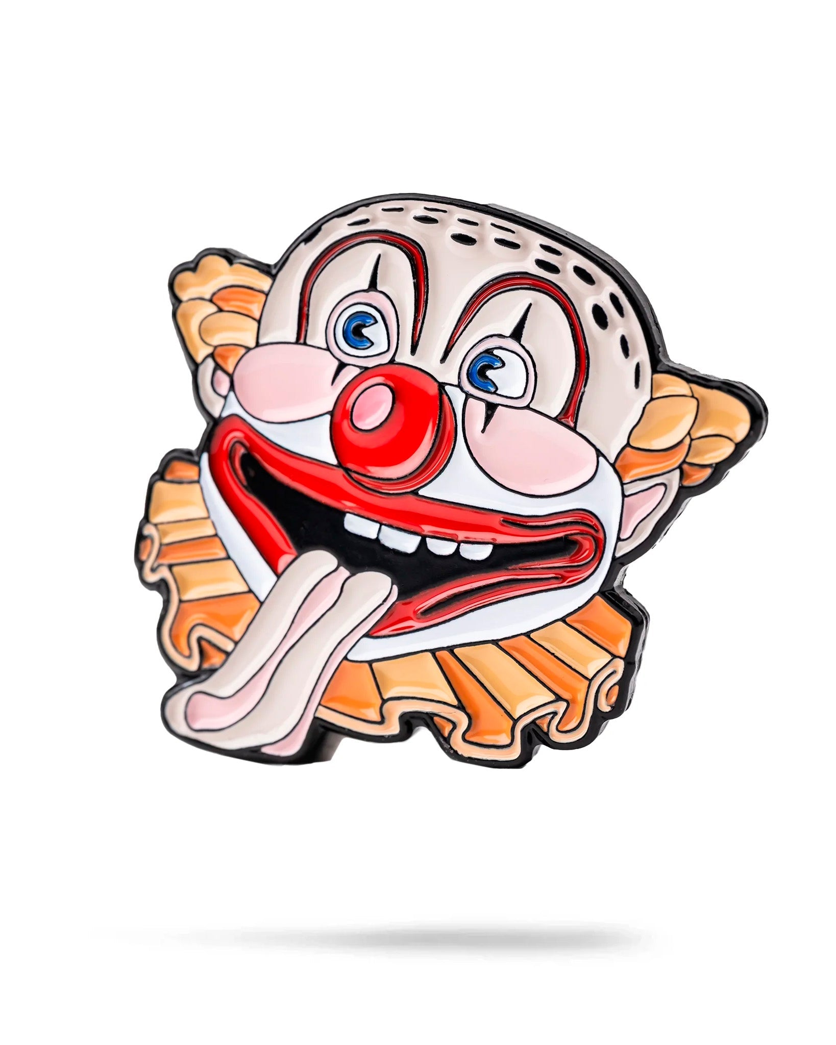 Colorful clown mouth ball marker featuring a smiling clown face with a red nose and playful expression, perfect for golfers.