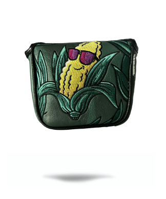 Bold corn-themed mallet cover featuring a cartoon corn character wearing sunglasses, set against a green background.