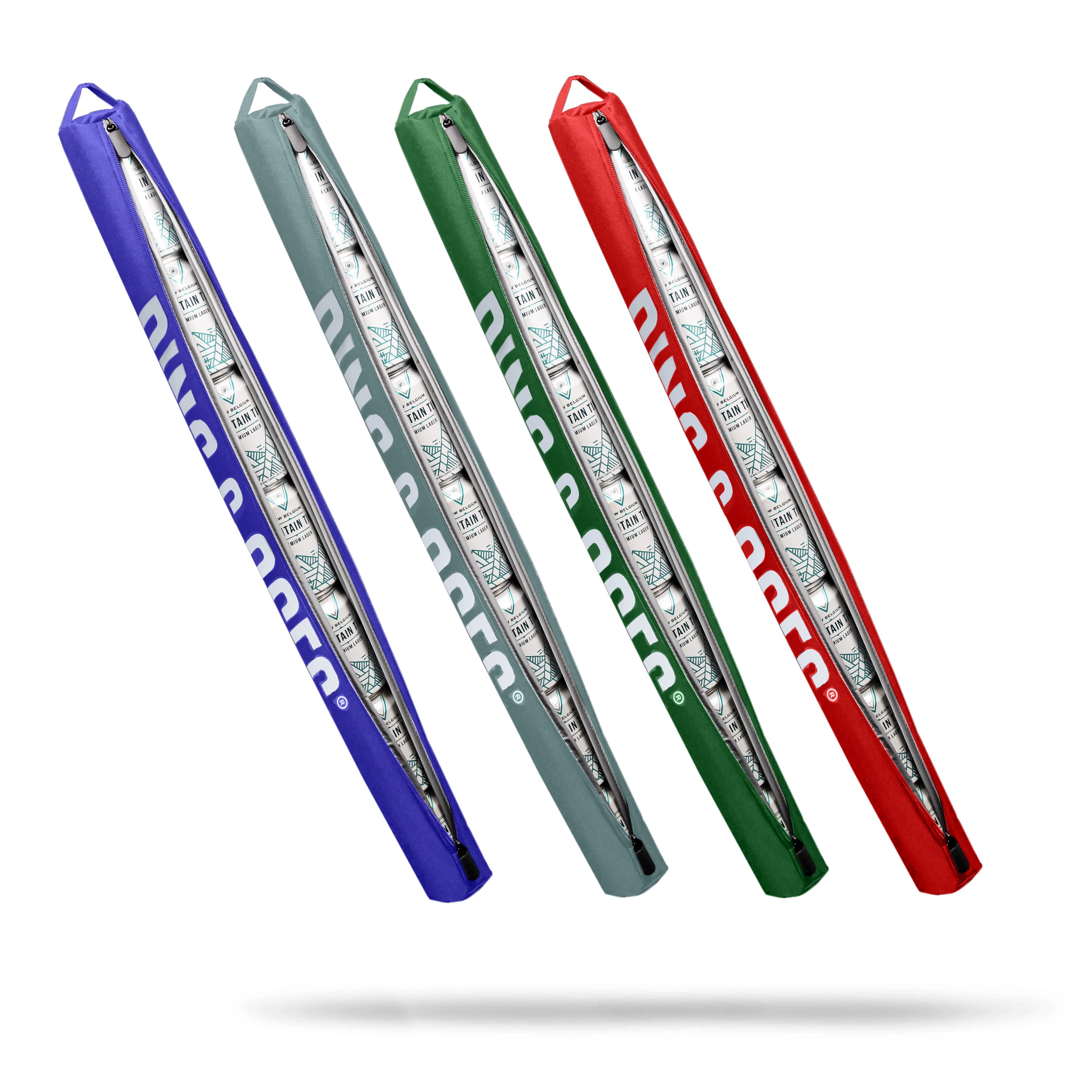 Set of four bold, colorful golf club headcovers in blue, gray, green, and red with large logo text, designed for standout ...